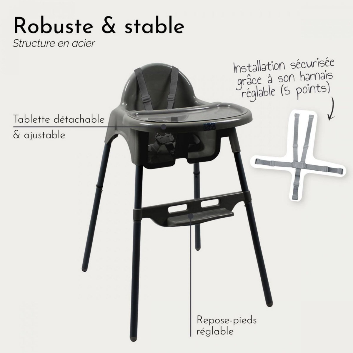 Monsieur Bébé Chaise haute bébé réglable hauteur et tablette