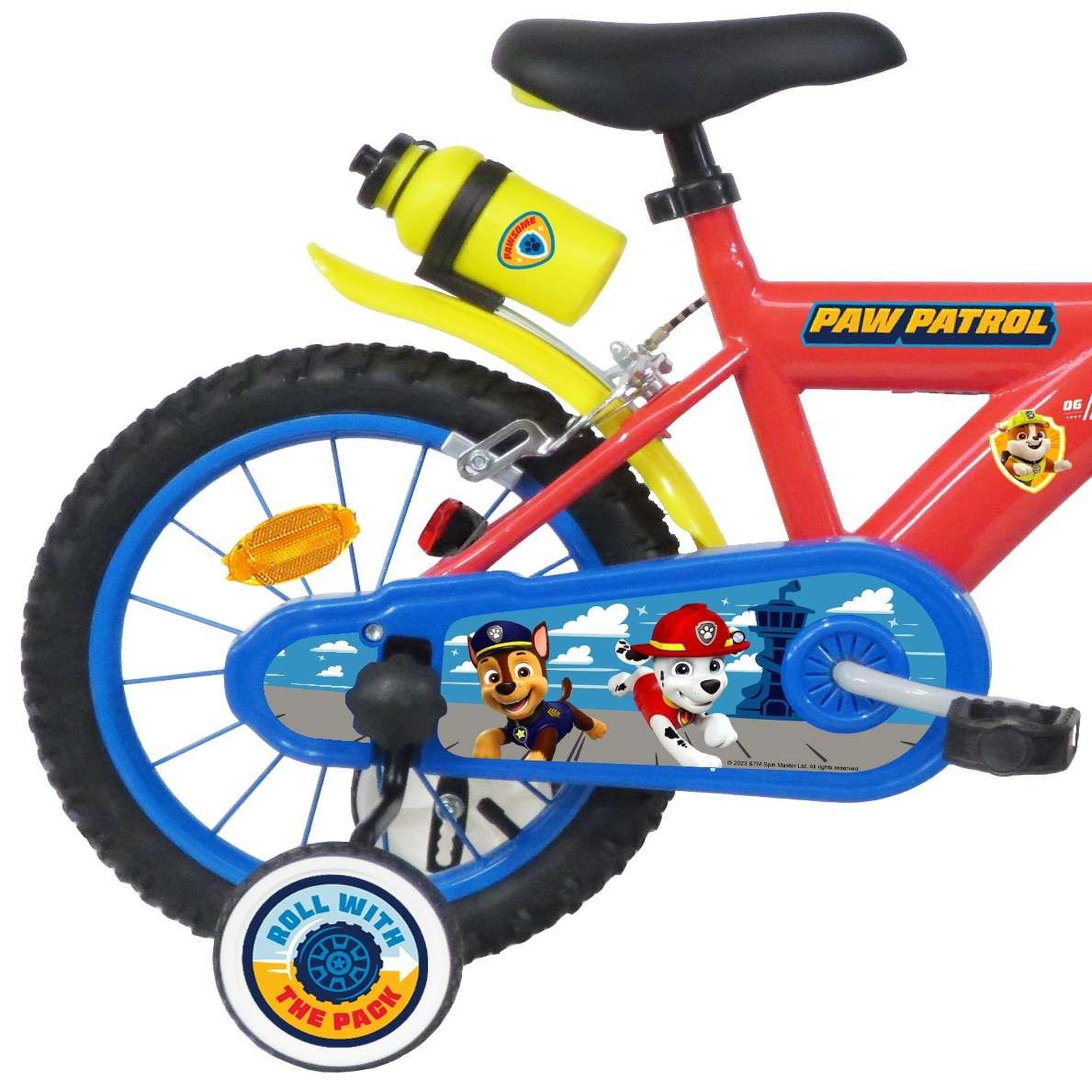 Voir la diapositive 2 : Nickelodeon Vélo enfant 14'' - Modèle Pat Patrouille pour enfant de taille 95à 110 cm avec stabilisateurs - 2 freins - Plaque décorative avant - Porte bidon & pneus gonflables