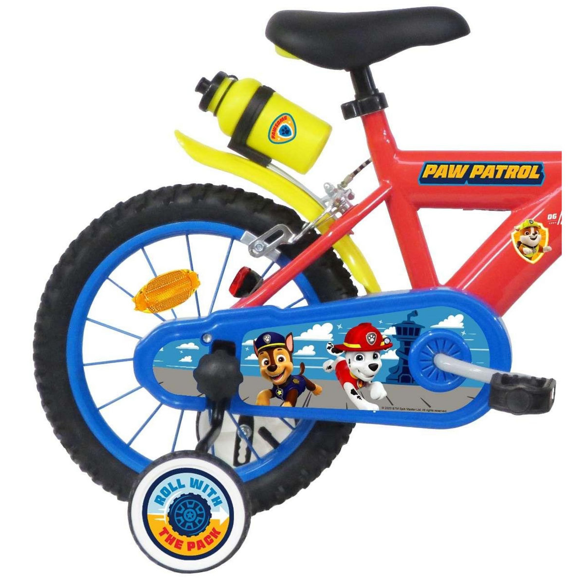 Nickelodeon Vélo enfant 14'' - Modèle Pat Patrouille pour enfant de taille 95à 110 cm avec stabilisateurs - 2 freins - Plaque décorative avant - Porte bidon & pneus gonflables
