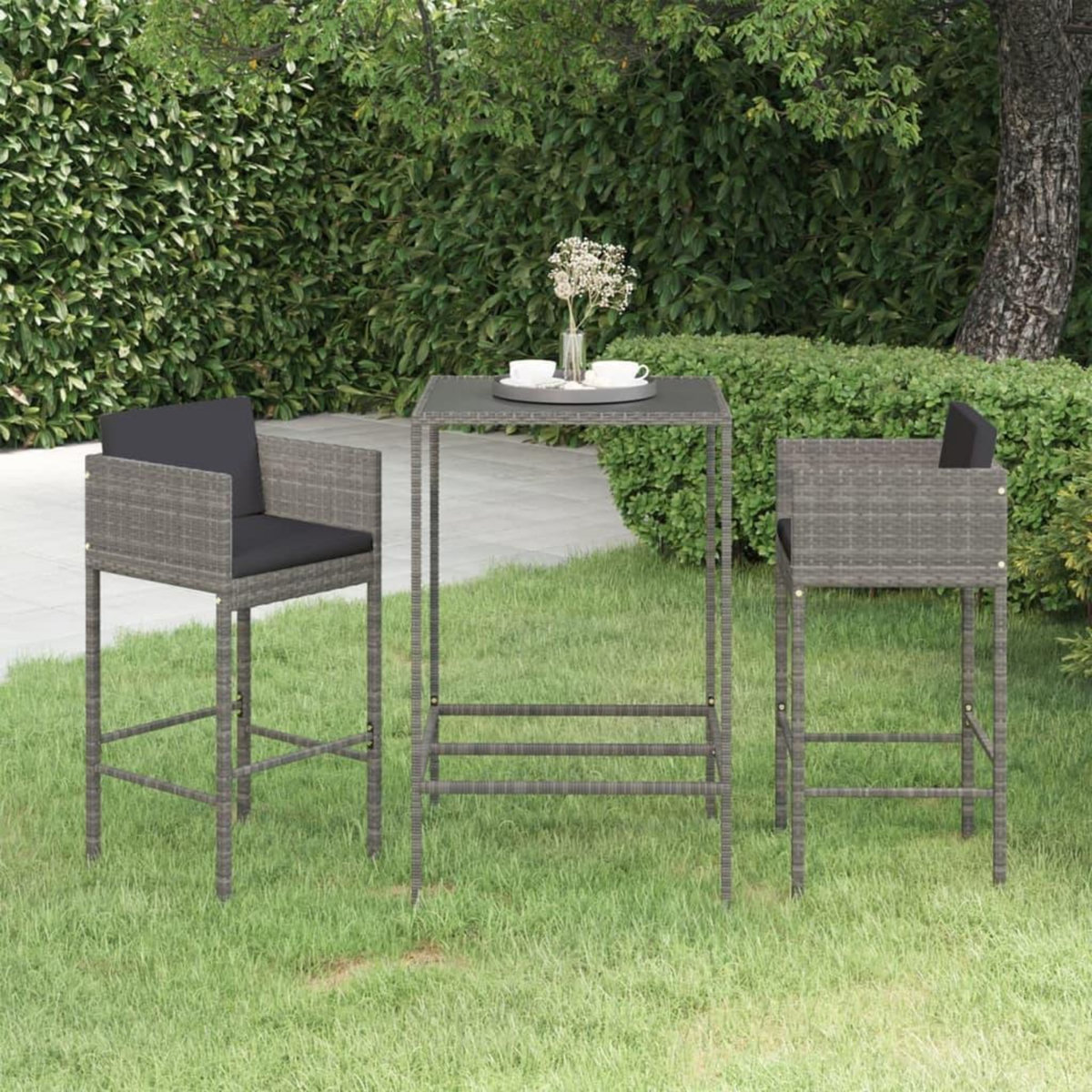 VIDAXL Ensemble de bar de jardin 3 pcs et coussins Resine tressee Gris