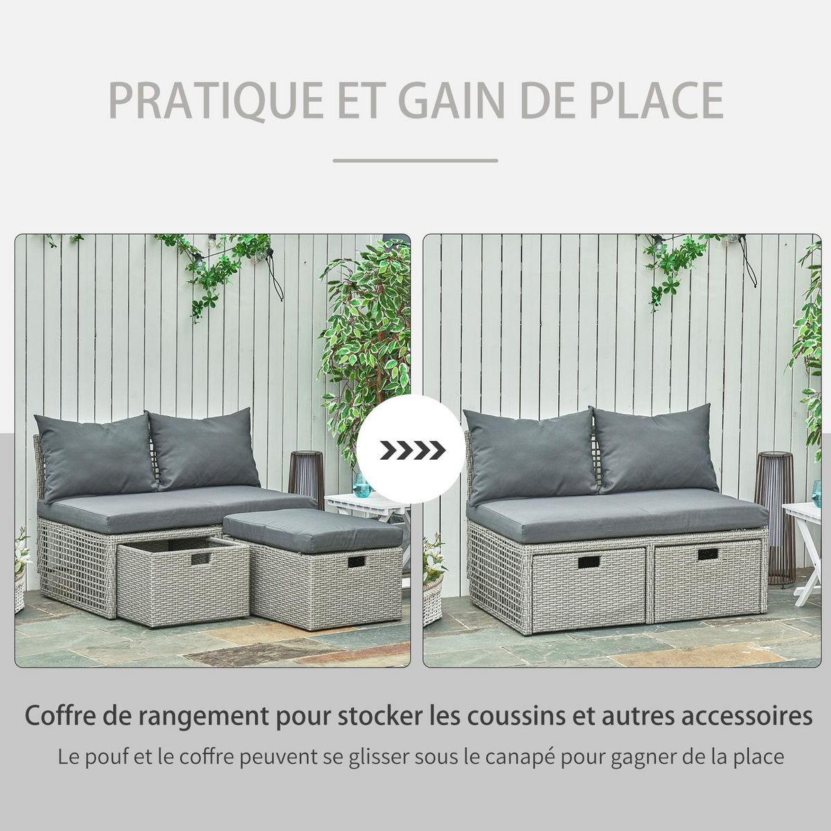 OUTSUNNY Ensemble salon de jardin 3 places 3 pièces - canapé 2 places, pouf, coffre rangement - 4 coussins inclus - résine tressée imitation rotin gris