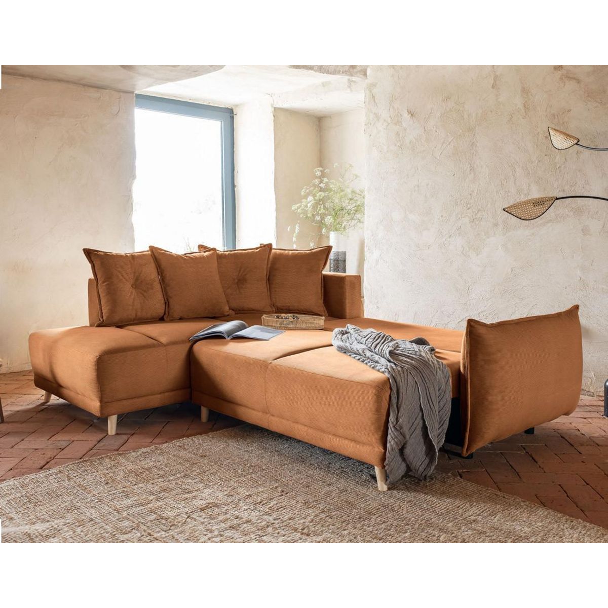 BEST MOBILIER Lena - canapé d'angle gauche 5 places - convertible avec coffre - en velours côtelé