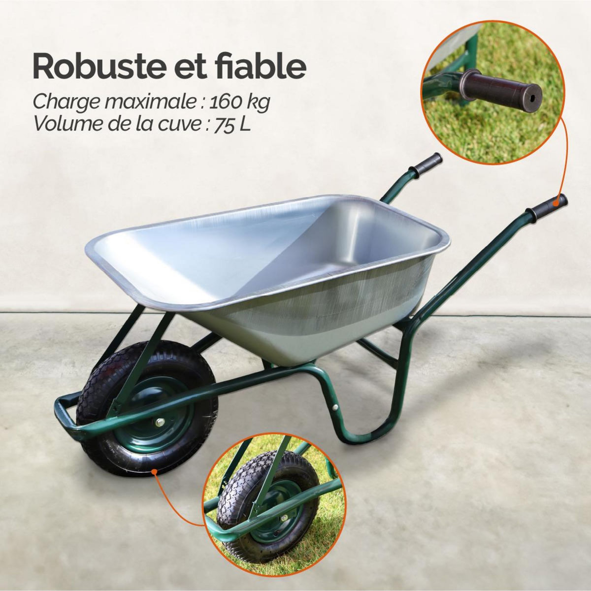 LINXOR Brouette de jardin, de chantier tout terrain - 75 L - 160 Kg