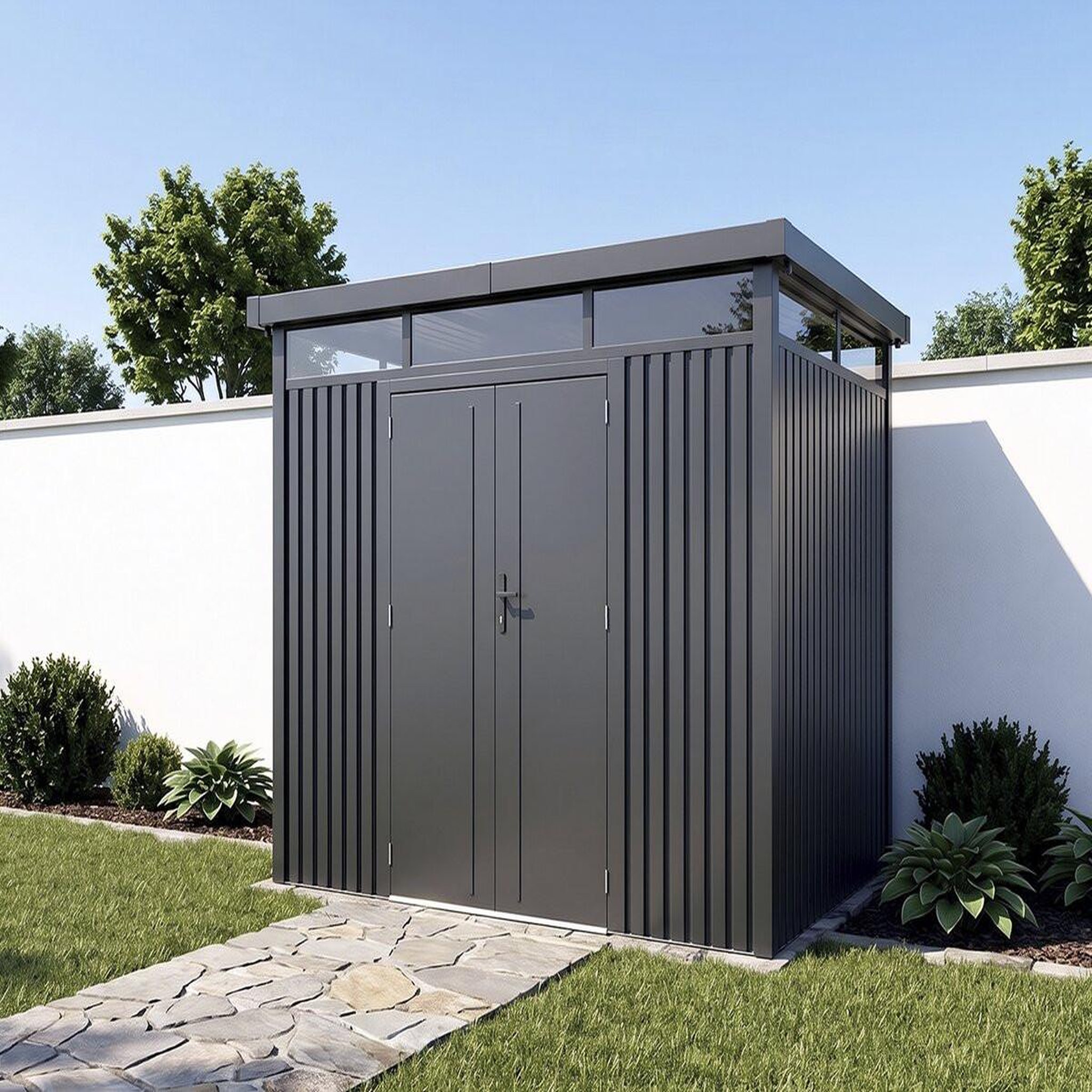 Voir la diapositive 2 : Habitat et Jardin Abri de jardin métal premium avec toit plat et porte battante  lexinton  - 6,76 m² - gris