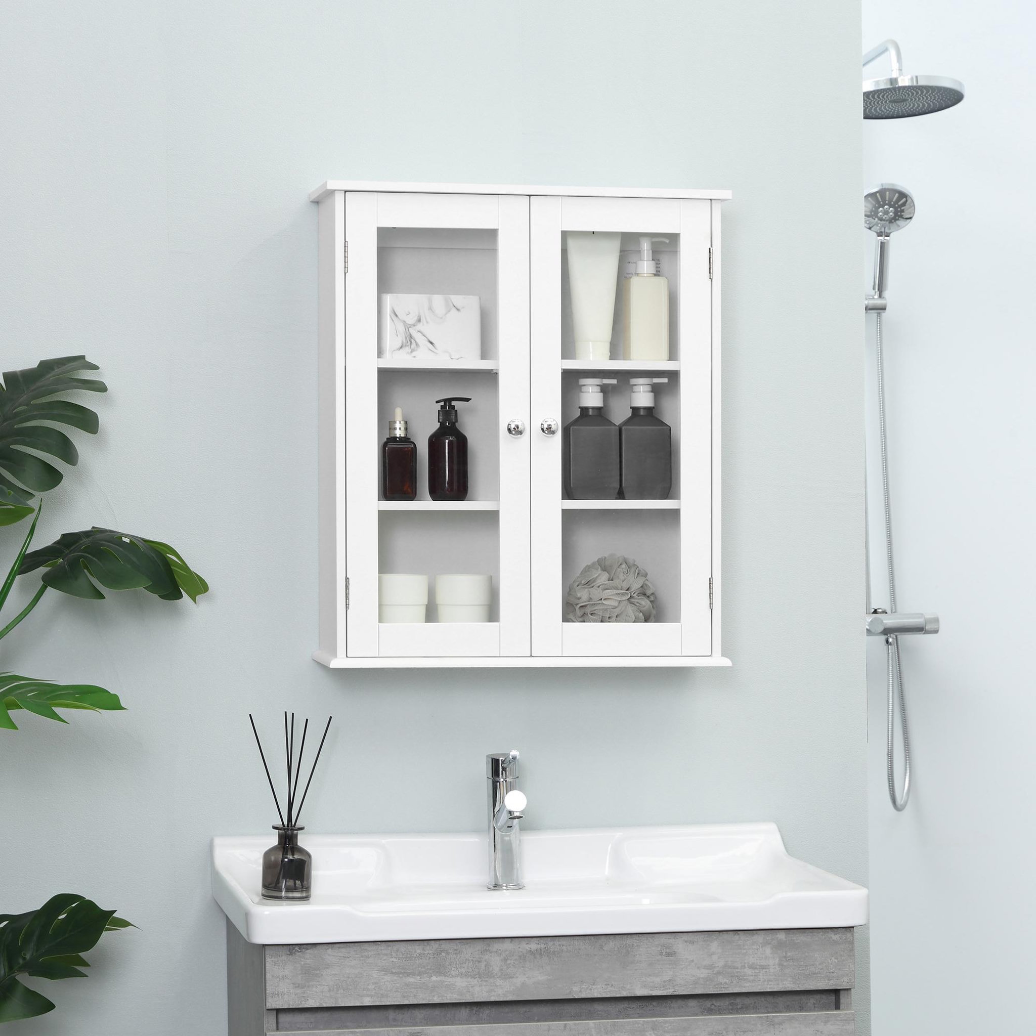 Voir la diapositive 2 : KLEANKIN Armoire murale salle de bain 2 portes vitrées 2 étagères 55 x 20 x 65 cm blanc