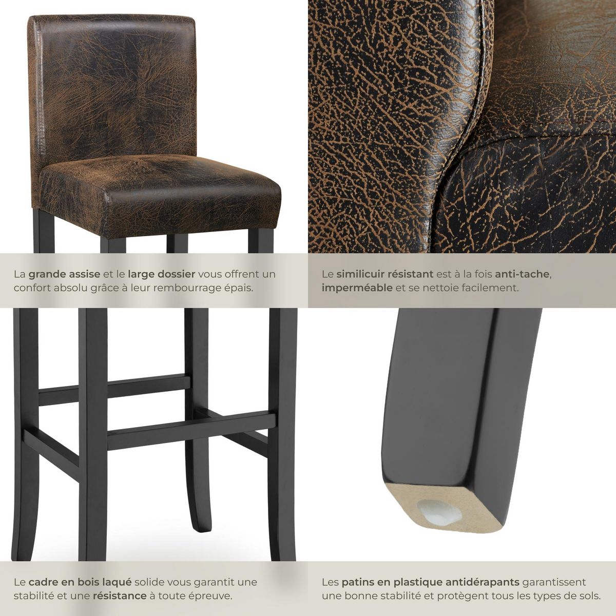 tectake Tabouret de bar rembourré avec dossier marron foncé