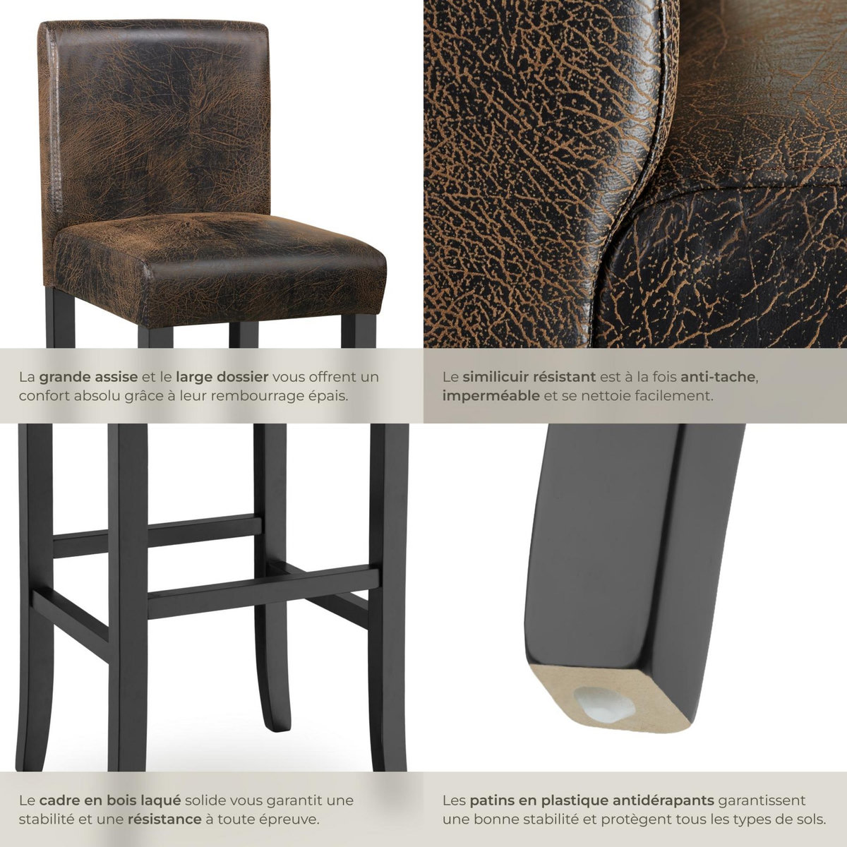 tectake Tabouret de bar rembourré avec dossier marron foncé