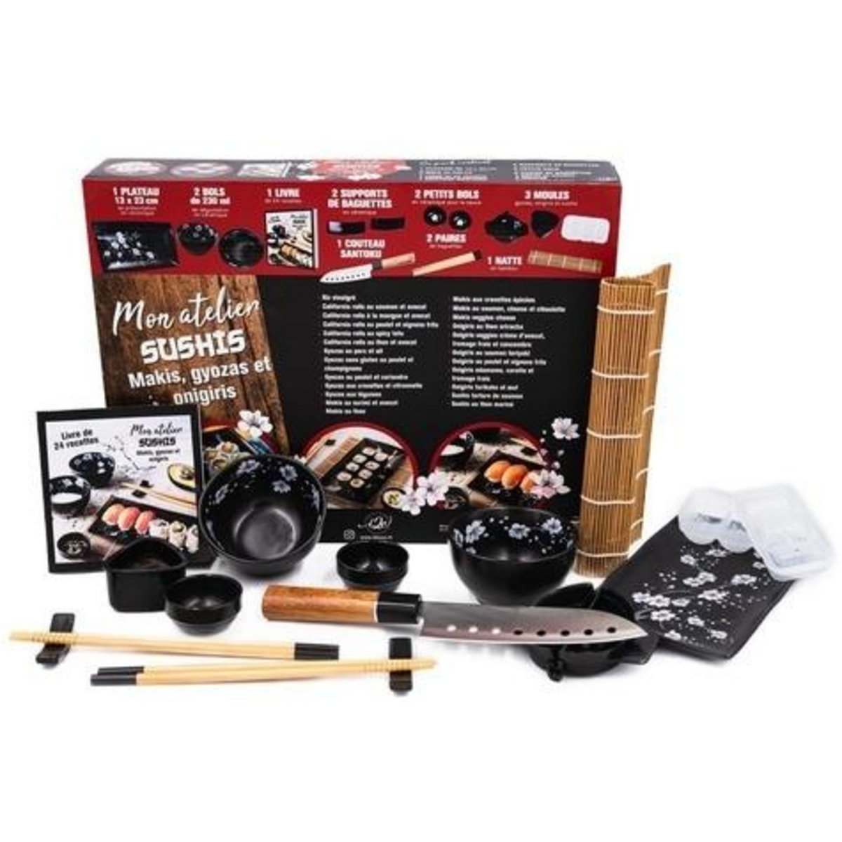 MON ATELIER SUSHIS, MAKIS, GYOZAS ET ONIGIRIS. COFFRET AVEC 1 PLATEAU, 2 BOLS, 1 LIVRE DE RECETTES, 1 COUTEAU SANTOKU, 2 PAIRES DE BAGUETTE, 1 NATTE EN BAMBOU, 2 SUPPORTS DE BAGUETTES, 2 PETITS BOLS POUR LA SAUCE ET 3 MOULES, Desgages Aurélie