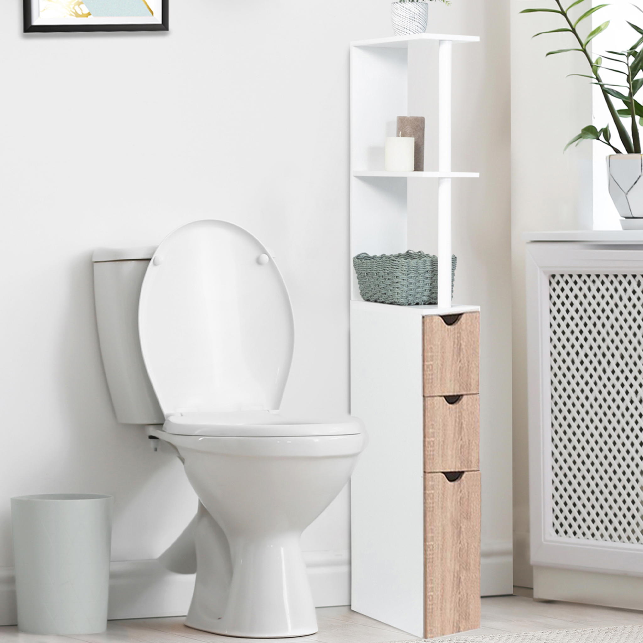 Voir la diapositive 2 : ID MARKET Meuble wc étagère willy bois 3 portes blanc et hêtre