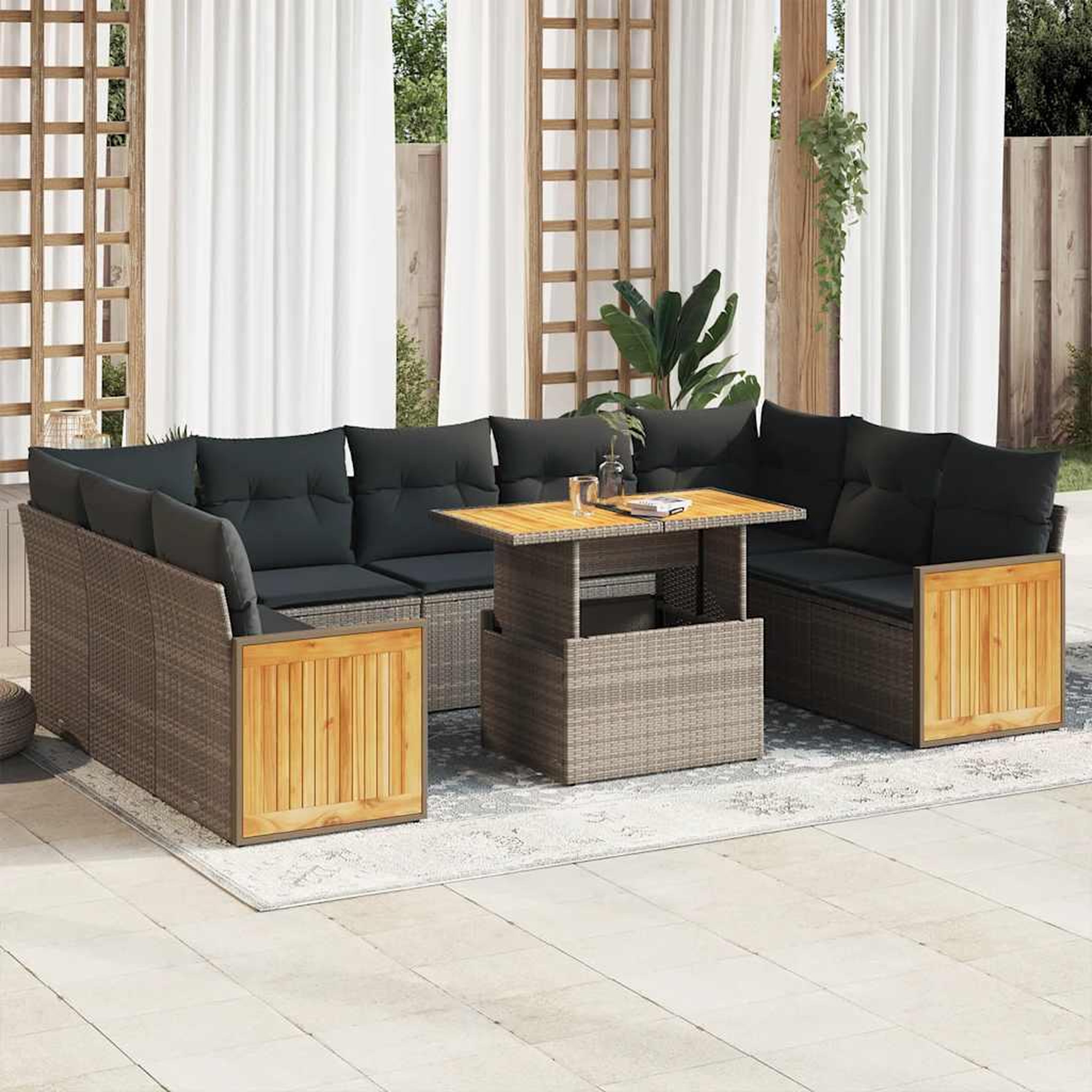 VIDAXL Salon de jardin avec coussins 10 pcs gris resine tressee acacia