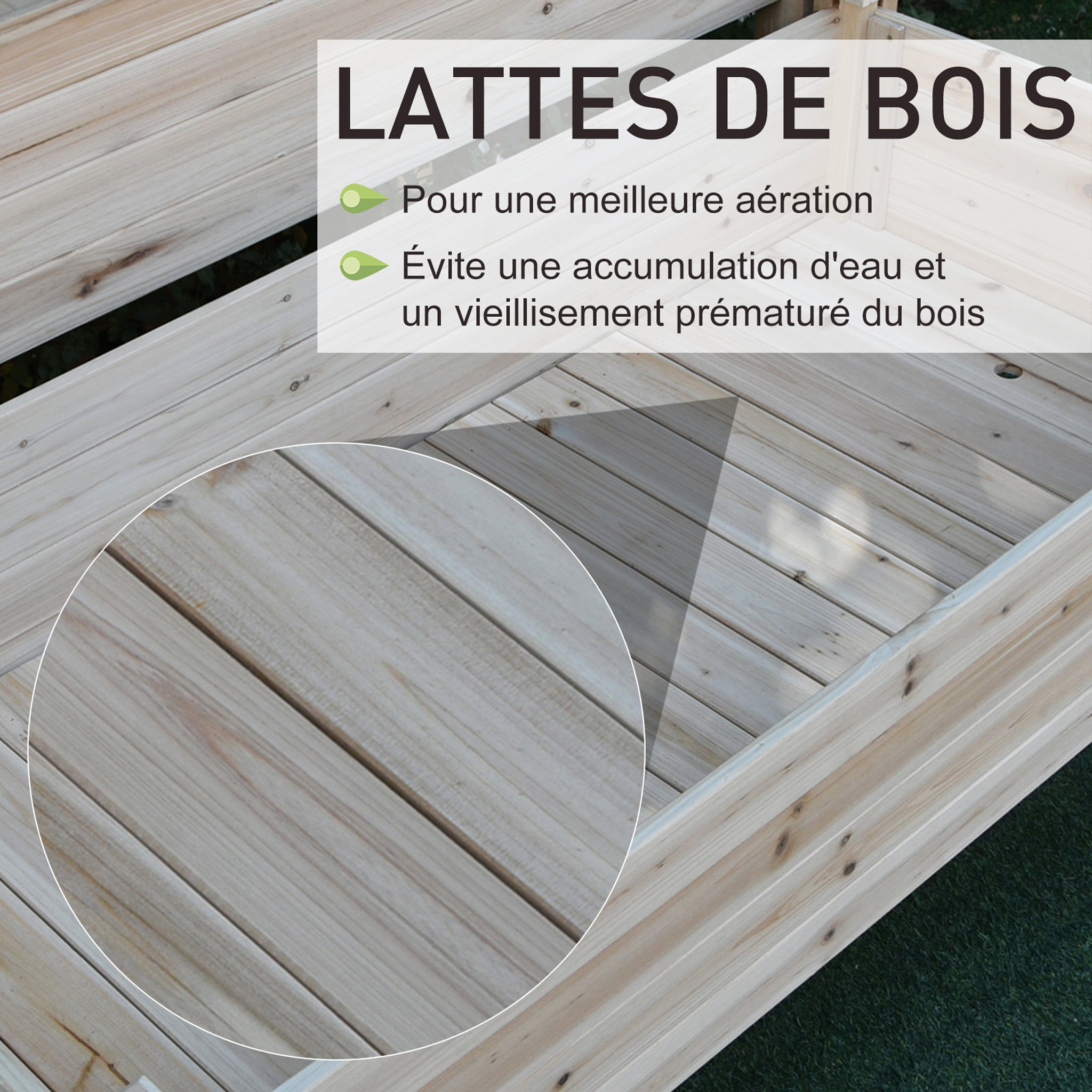 Voir la diapositive 6 : OUTSUNNY Jardinière sur pieds carré potager 2 étages dim. 115L x 114l x 76H cm inserts d'irrigation bois sapin naturel