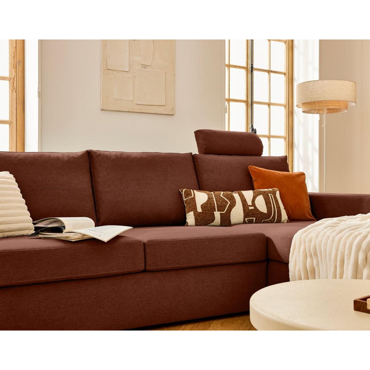 BEST MOBILIER Barrie - canapé d'angle réversible 4 places avec têtière amovible en tissu