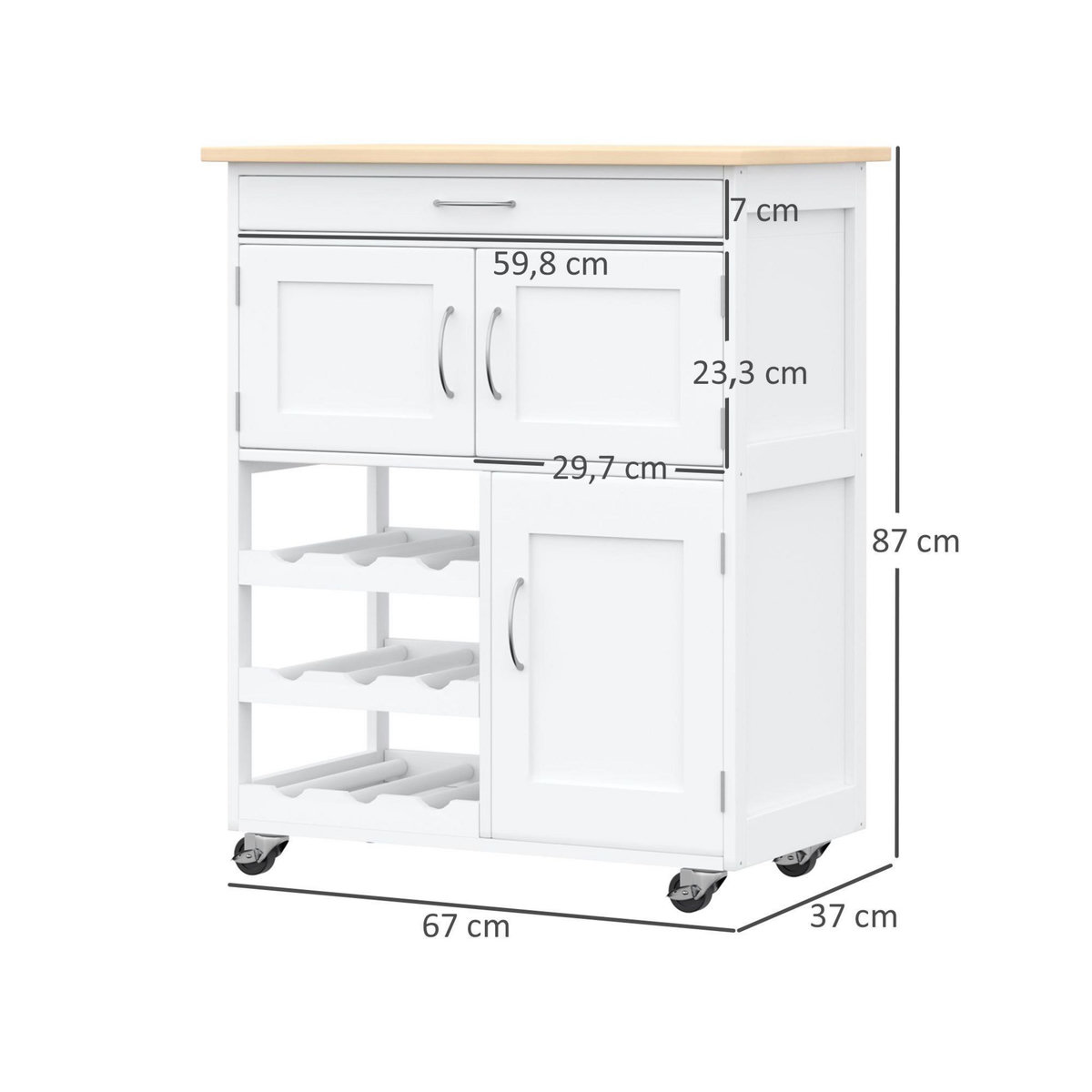 HOMCOM HOMCOM Desserte de cuisine multi rangements 2 placards tiroir casier 9 bouteilles MDF blanc plateau bois caoutchouc