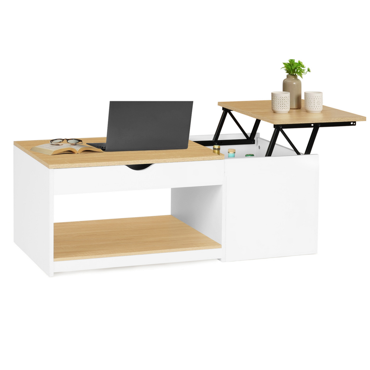 ID MARKET Table basse 2 plateaux relevables EYLA avec coffre bois blanc et façon hêtre
