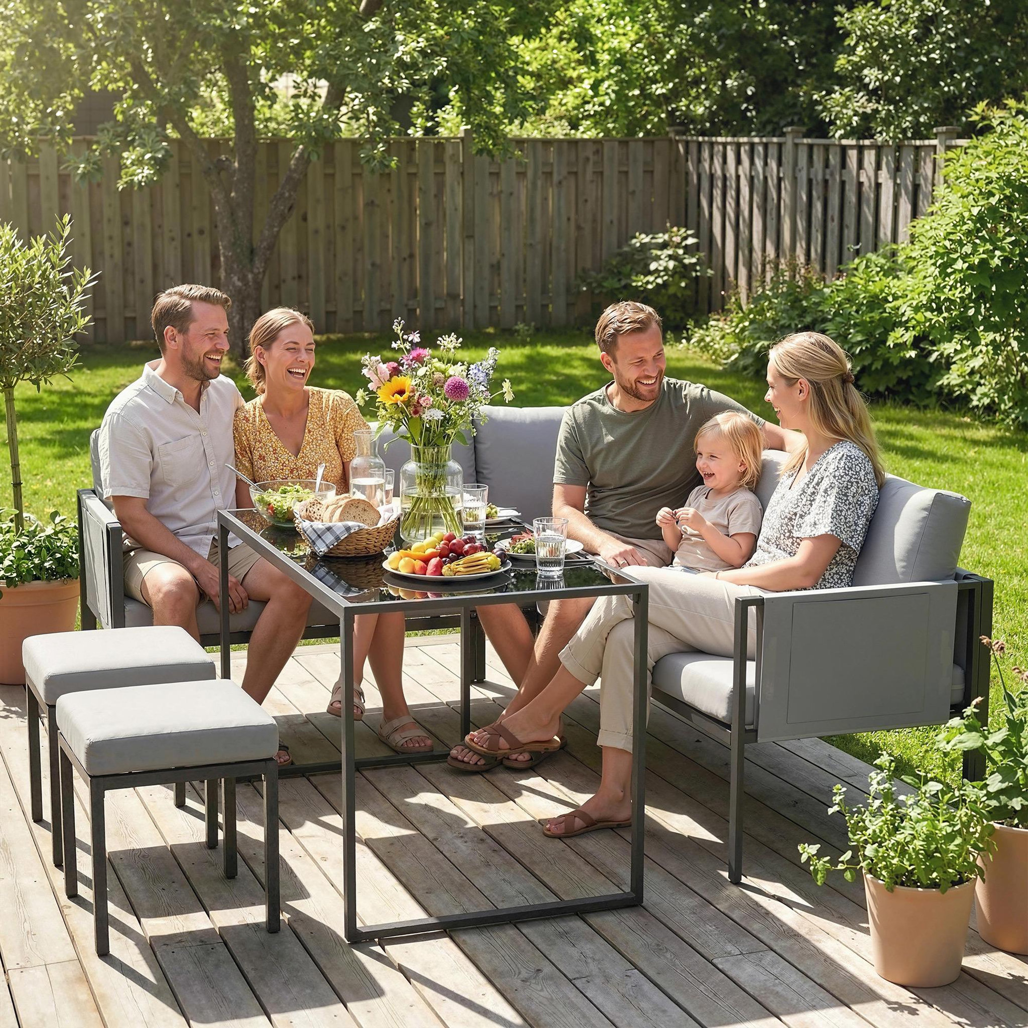 Voir la diapositive 2 : OUTSUNNY Salon de jardin d'angle design 7 places avec table à manger 2 repose-pieds
