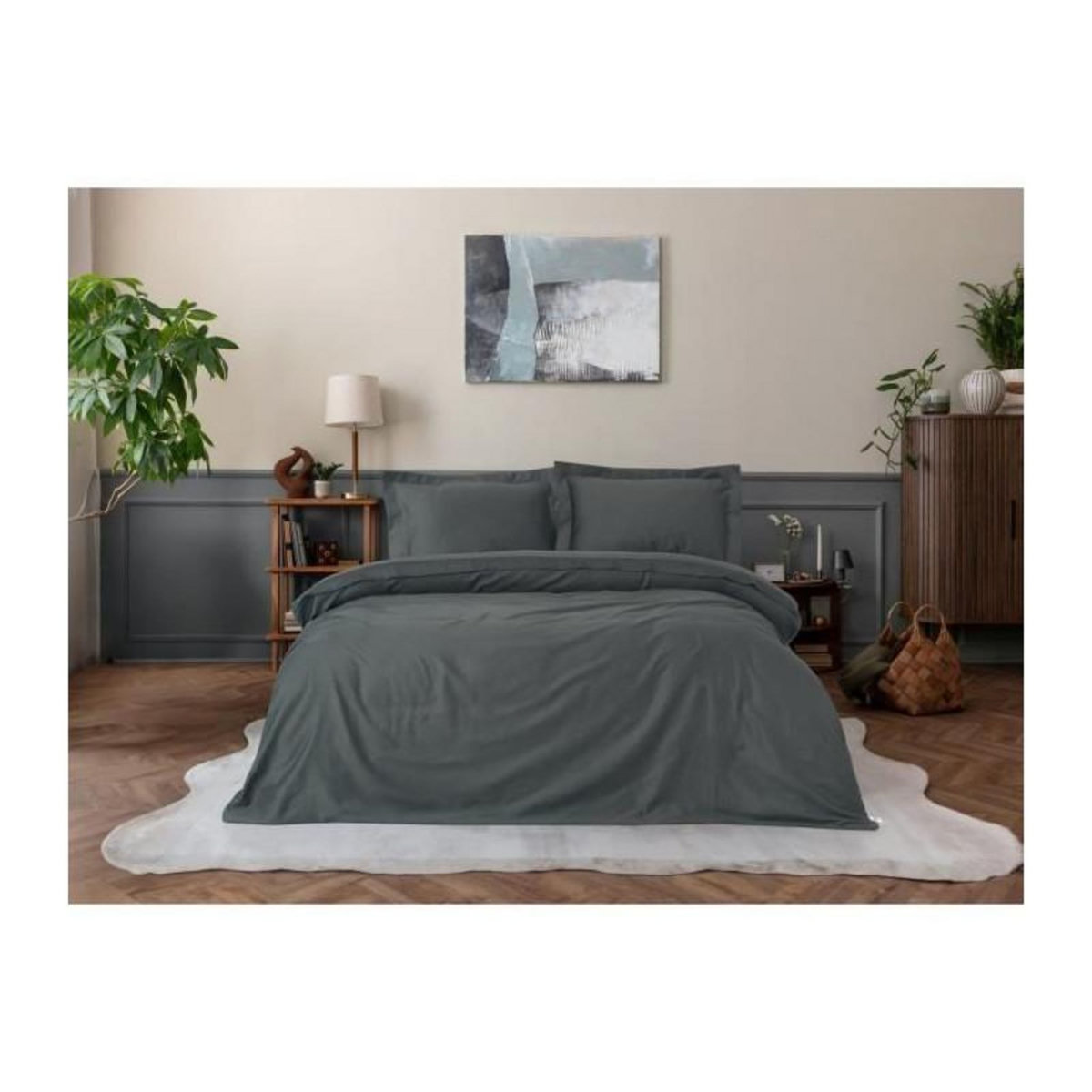 GENERIQUE Parure de lit - 129CTN63974 - 1 housse de couette 220 x 240 cm + 2 taies d'oreiller 60 x 60 cm - Satiné 100% coton - Anthracite