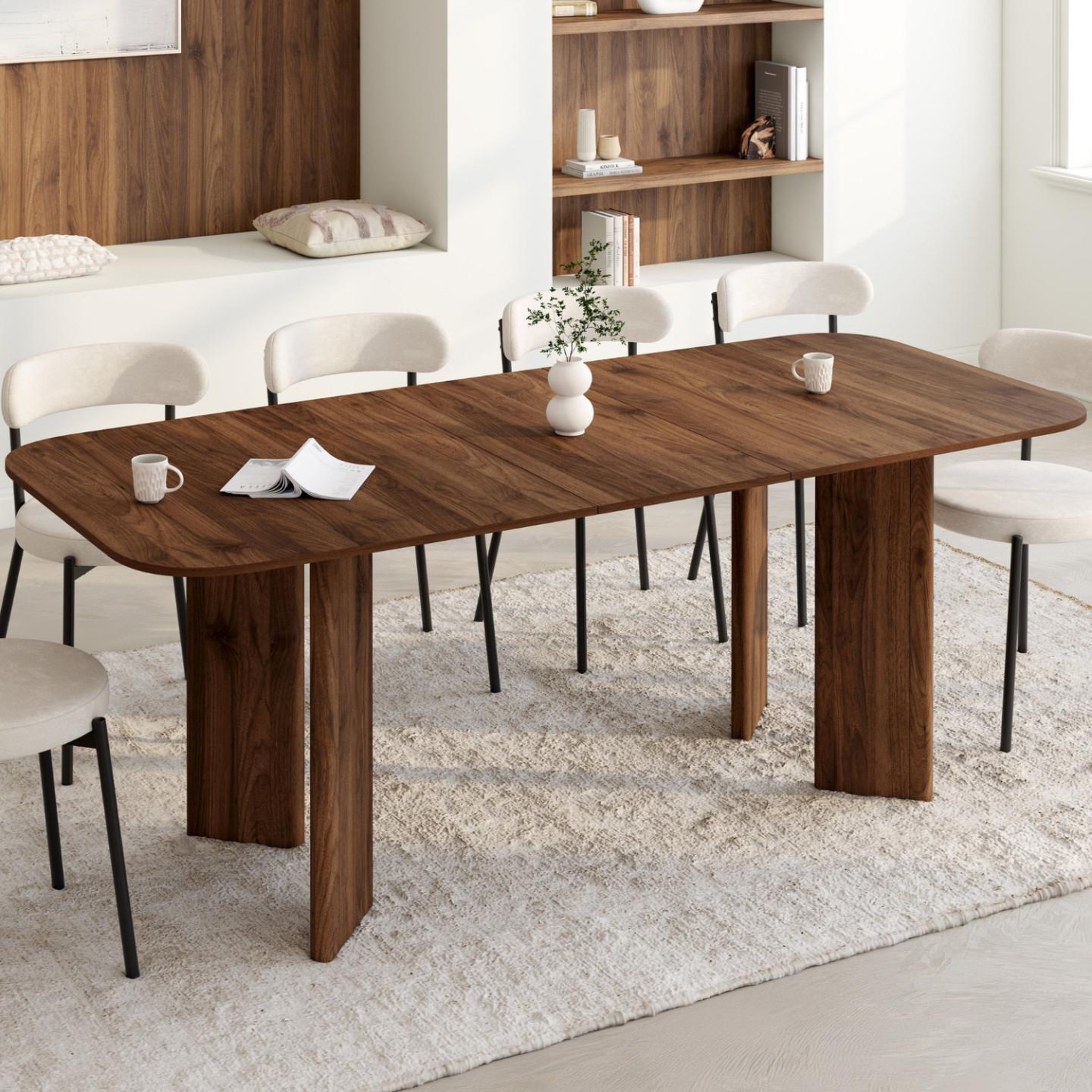 Voir la diapositive 2 : ID MARKET Table à manger extensible rectangulaire arrondie capucine 6-10 personnes 4 pieds design arrondi noyer 160-200 cm