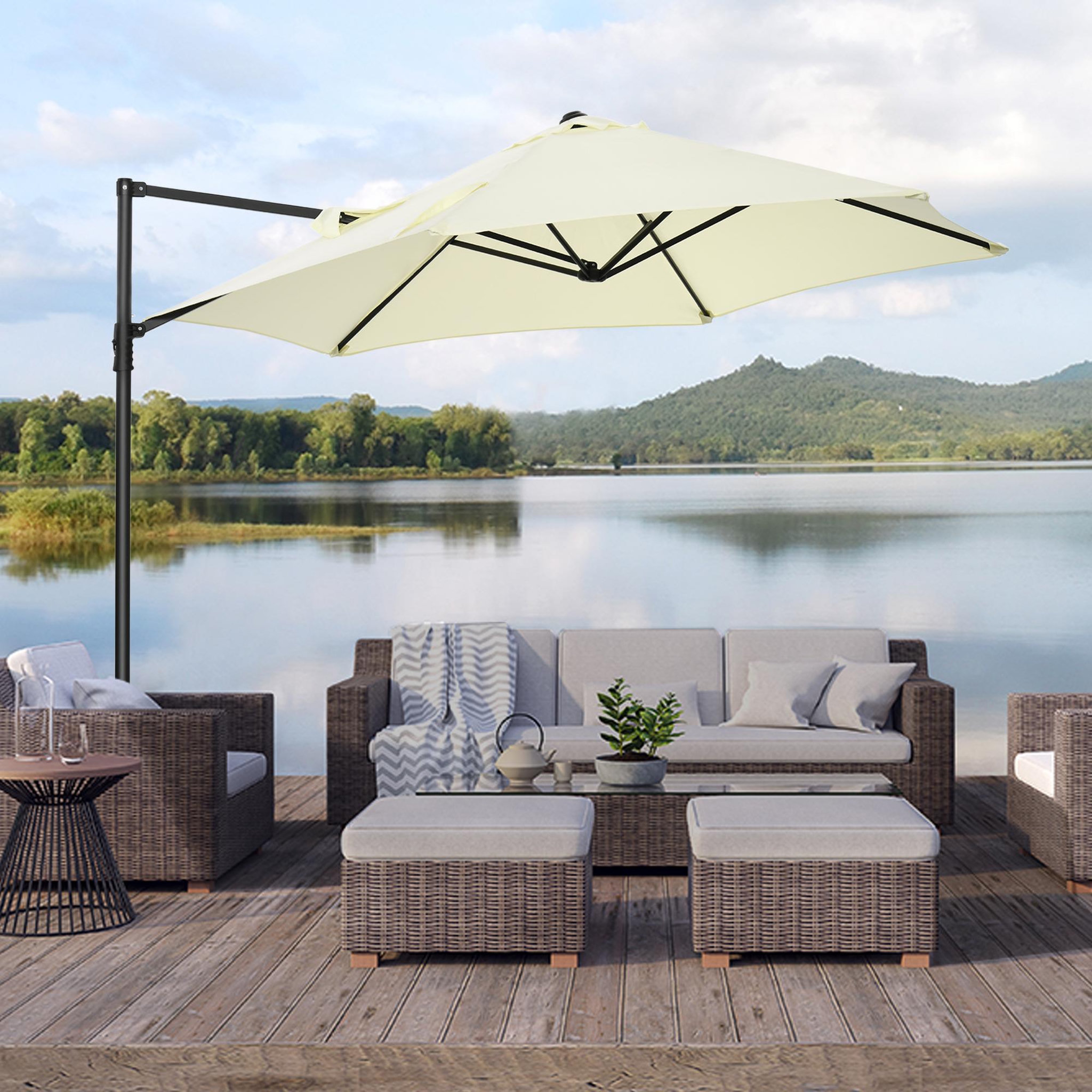 Voir la diapositive 2 : OUTSUNNY Parasol déporté octogonal Ø 256 cm mât en acier tissu haute densité beige