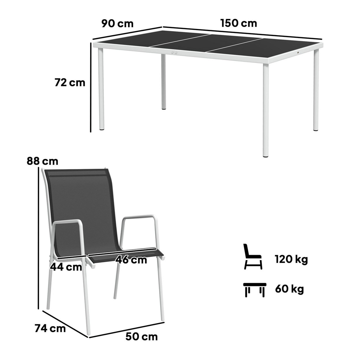 OUTSUNNY Ensemble de jardin 6 pers. 6 chaises empilables table plateau verre trempé 5 mm métal époxy gris textilène noir