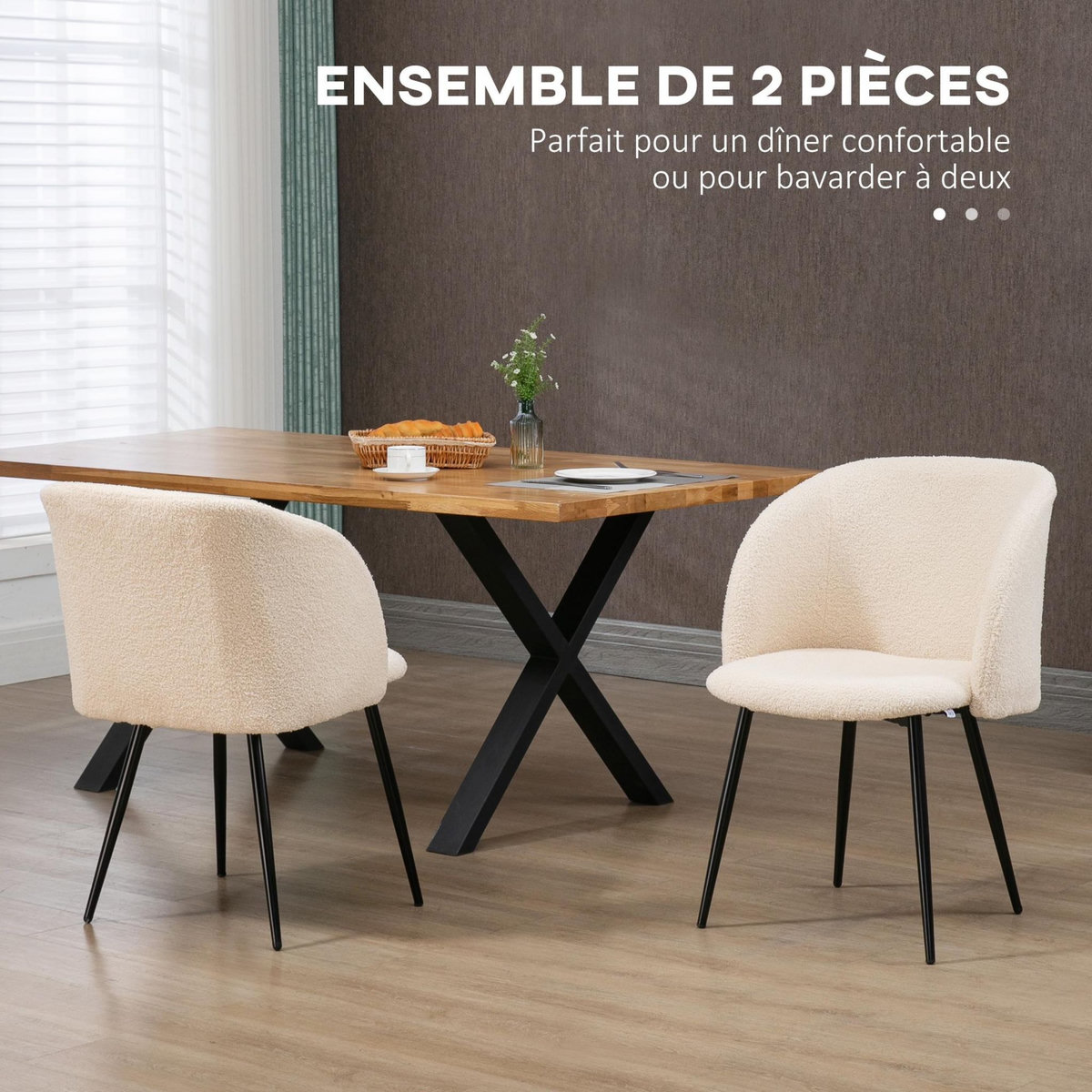 HOMCOM Chaises de visiteur design - lot de 2 chaises - piètement incliné effilé acier noir - revêtement effet laine bouclée beige