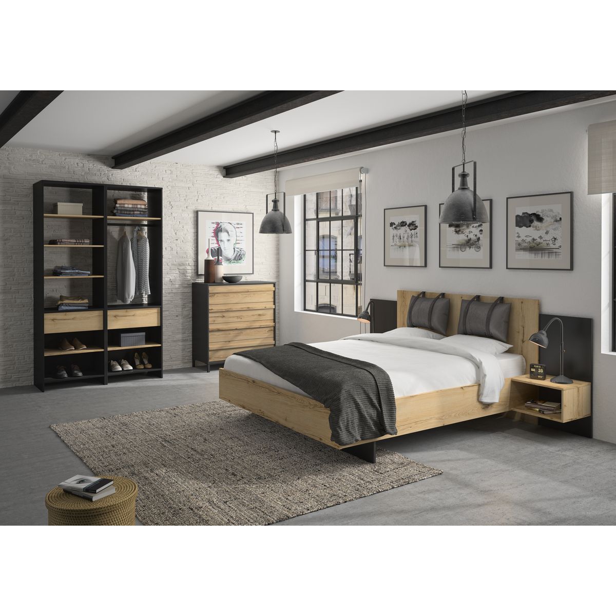 GAMI Lit 140x190 cm avec 2 chevets lambris intégrés MEZOS