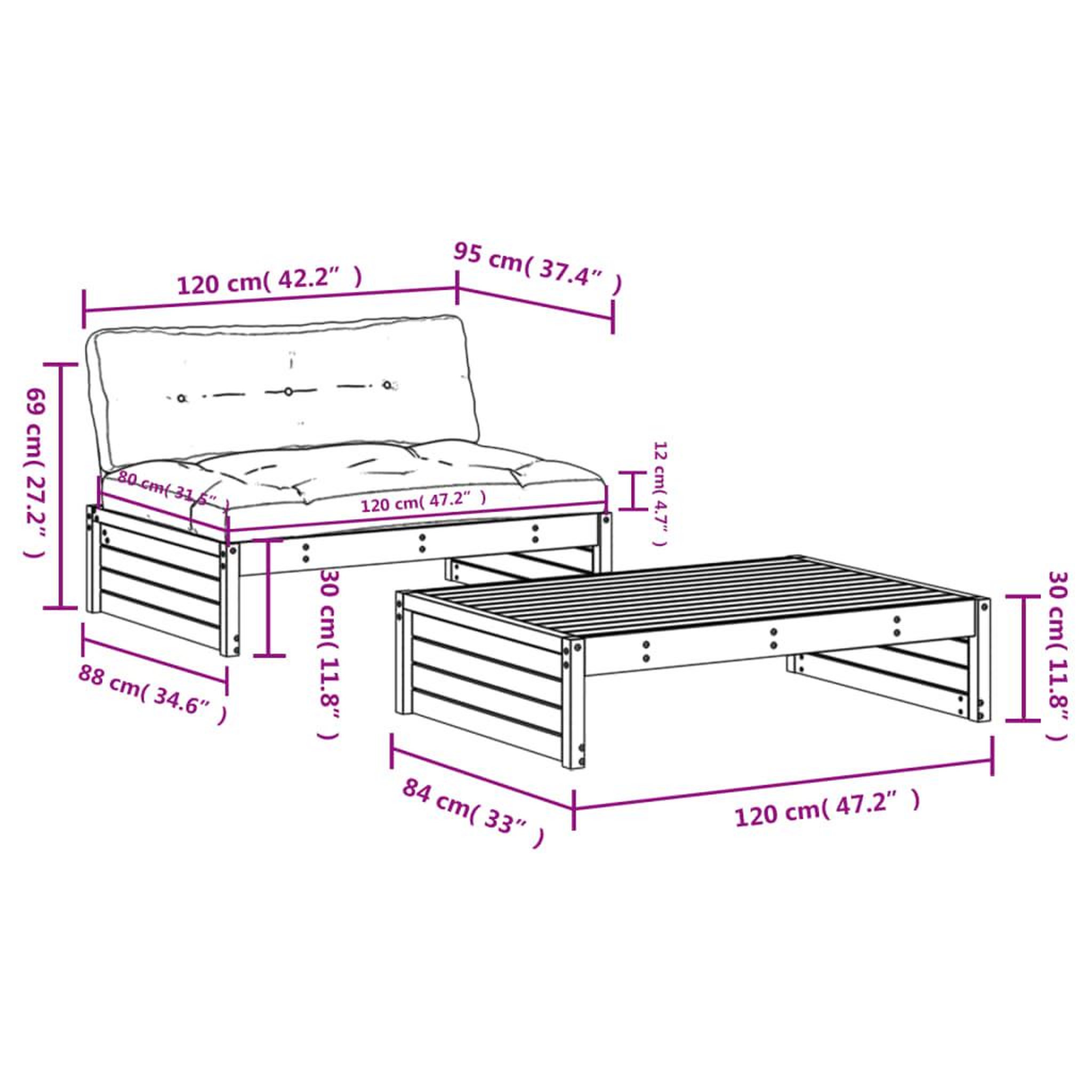 Voir la diapositive 6 : VIDAXL Salon de jardin 2 pcs avec coussins bois de pin impregne
