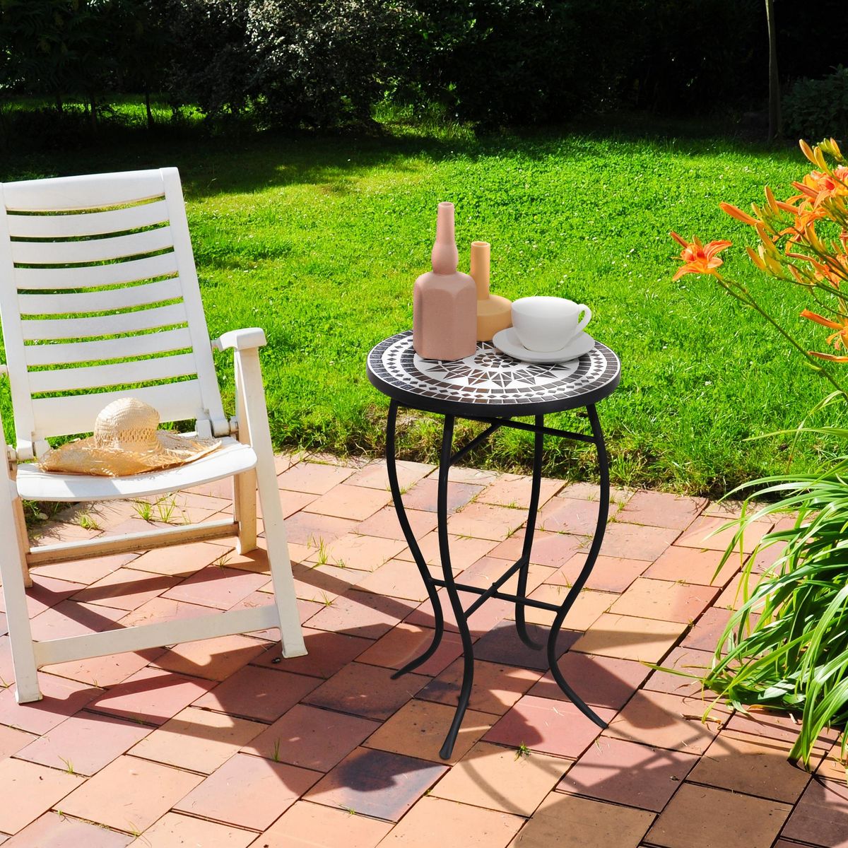 OUTSUNNY Table ronde style fer forgé bistro plateau mosaïque céramique métal époxy anticorrosion noir blanc