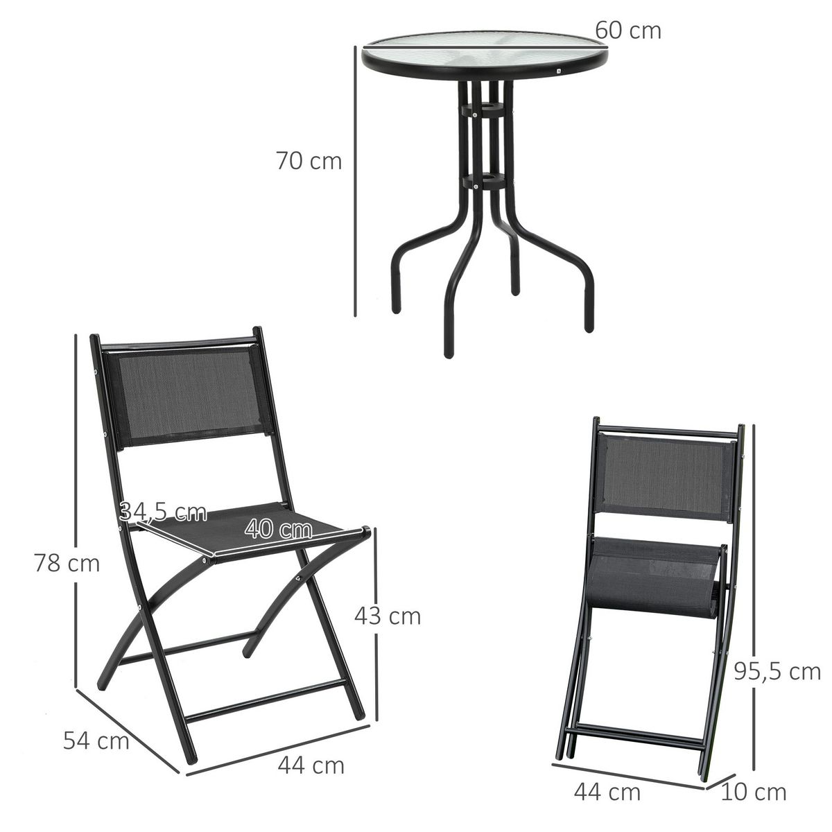 OUTSUNNY Salon de jardin bistro 2 chaises pliables - table ronde dim. Ø60 x 70H cm - plateau verre trempé métal époxy textilène noir