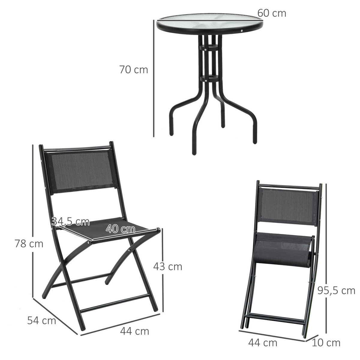 OUTSUNNY Salon de jardin bistro 2 chaises pliables - table ronde dim. Ø60 x 70H cm - plateau verre trempé métal époxy textilène noir