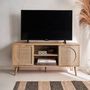 Voir la diapositive 2 : SWEEEK Meuble TV. Eva. décor bois et cannage arrondi 2 portes. 1 étagère L120 x l39 x H56.5cm