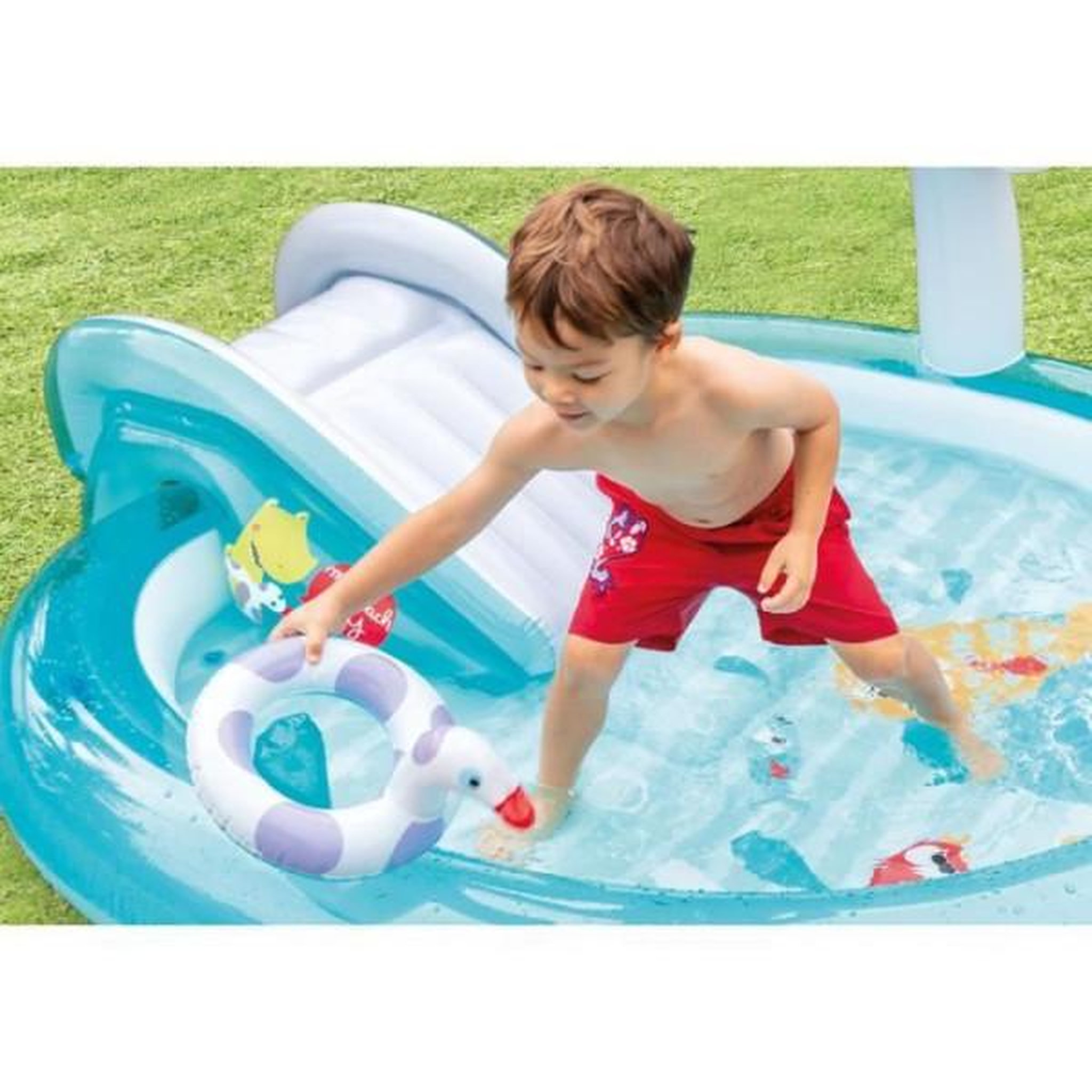 Voir la diapositive 5 : INTEX Aire de jeux gonflable - INTEX - Alligator - 160 Litres - 2 ans+ - 201 x 160 x 84 cm - Inclus : 1 bouée canard et un sceau gonf