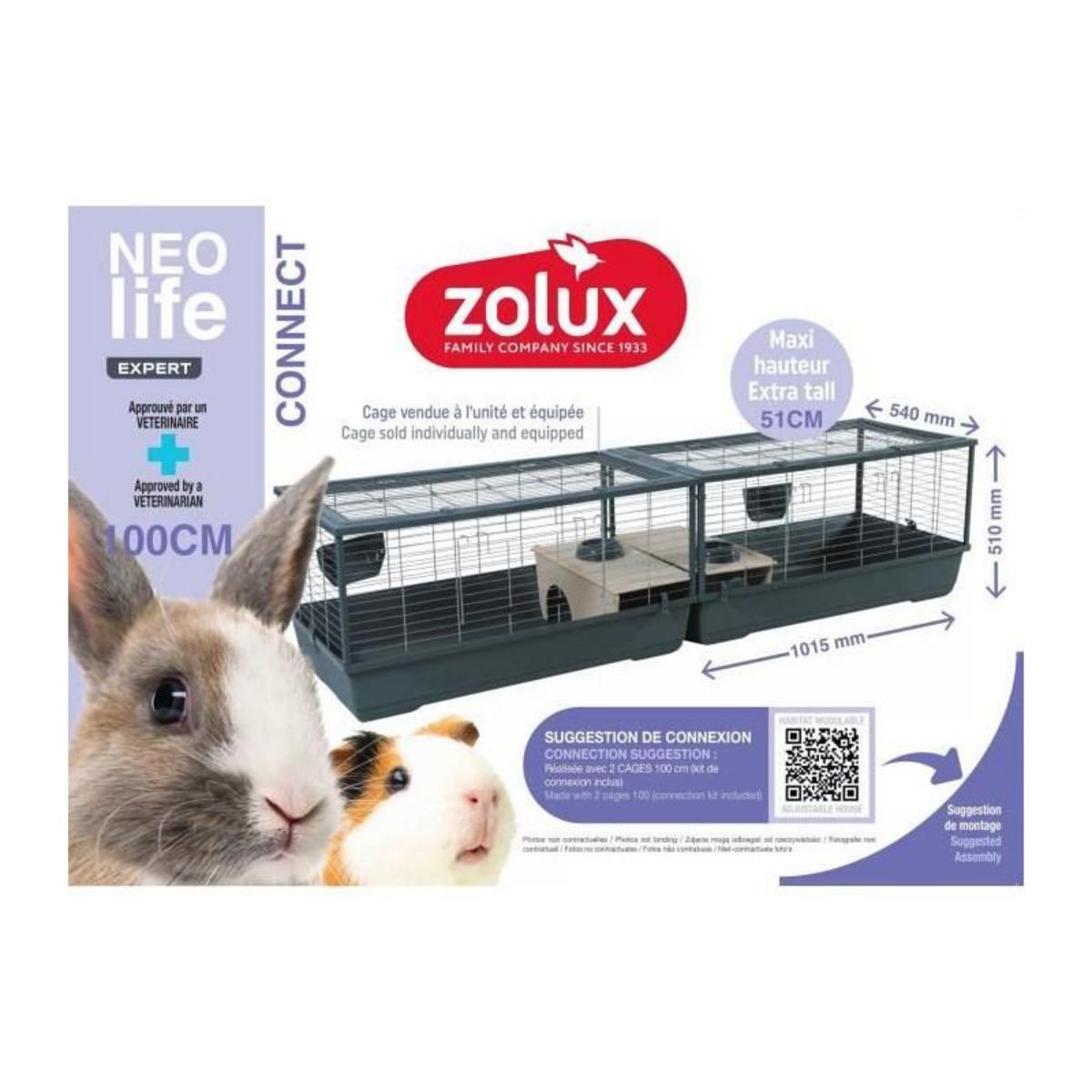 Zolux Cage rongeur - Zolux - Néolife Connect - Pour lapin et cochon d'inde - 101.5 x 54 x 51 cm - Gris