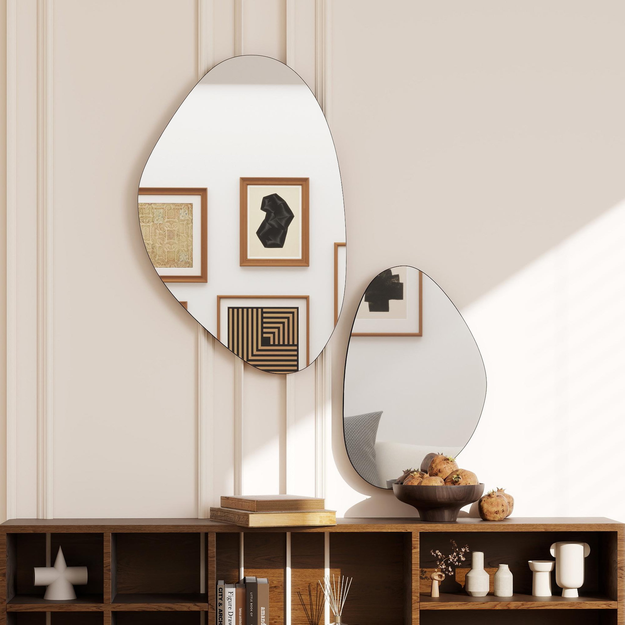 Voir la diapositive 4 : HOMCOM Lot de 2 miroirs organiques à suspendre L.46 x H.70 cm et L.31 x H.49 cm cadre métal noir