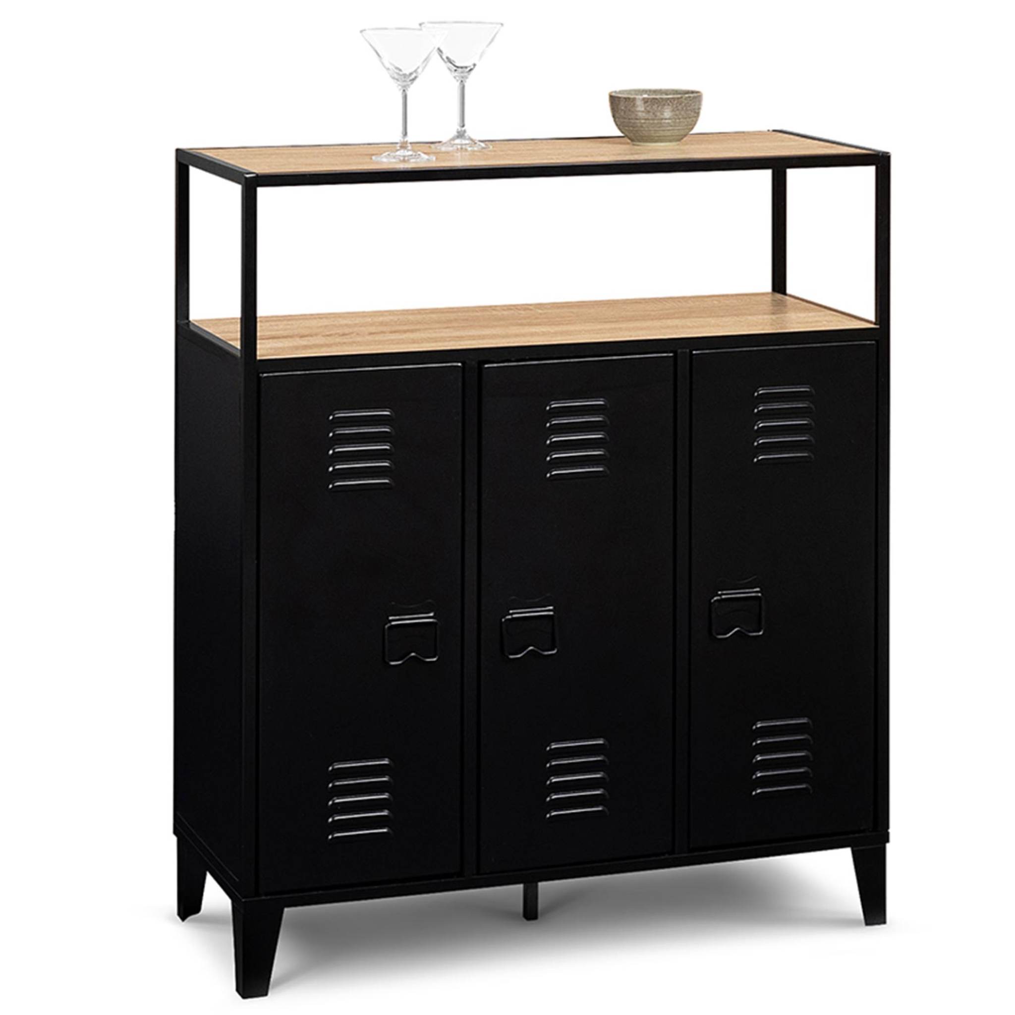 ID MARKET Meuble de bar buffet ESTER 3 portes en métal noir plateau façon hêtre