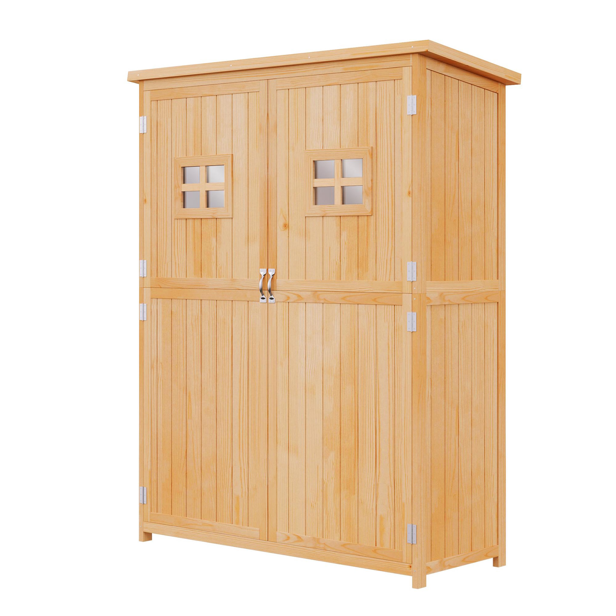 Voir la diapositive 3 : OUTSUNNY Abri de jardin armoire de jardin remise pour outils sur pied dim. 128L x 50l x 164H cm 2 étagères 2 portes 2 fenêtres toit bitumé étanche bois massif sapin pré-huilé