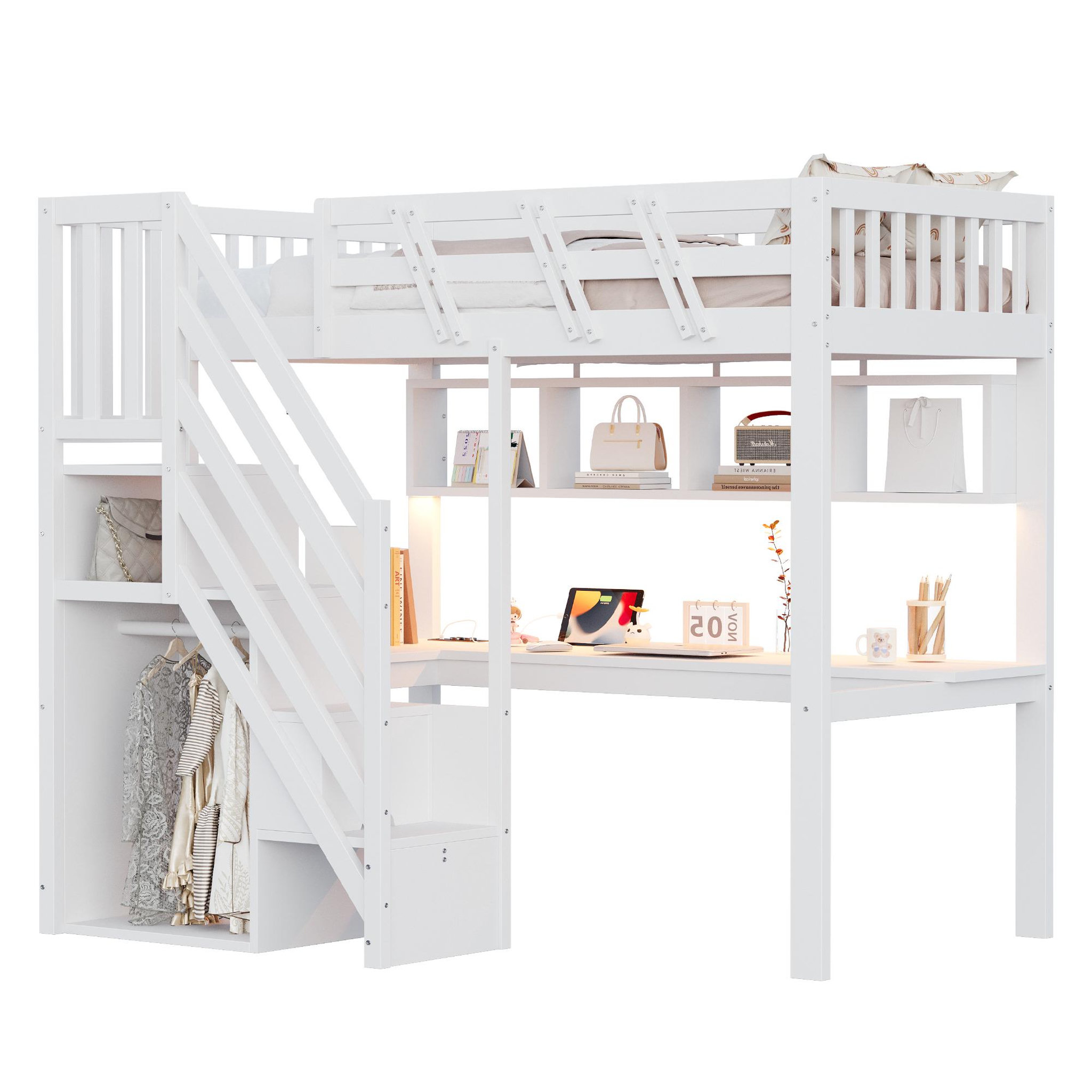 MERAX Lit mezzanine 90x200 cm coloris blanc led bois massif