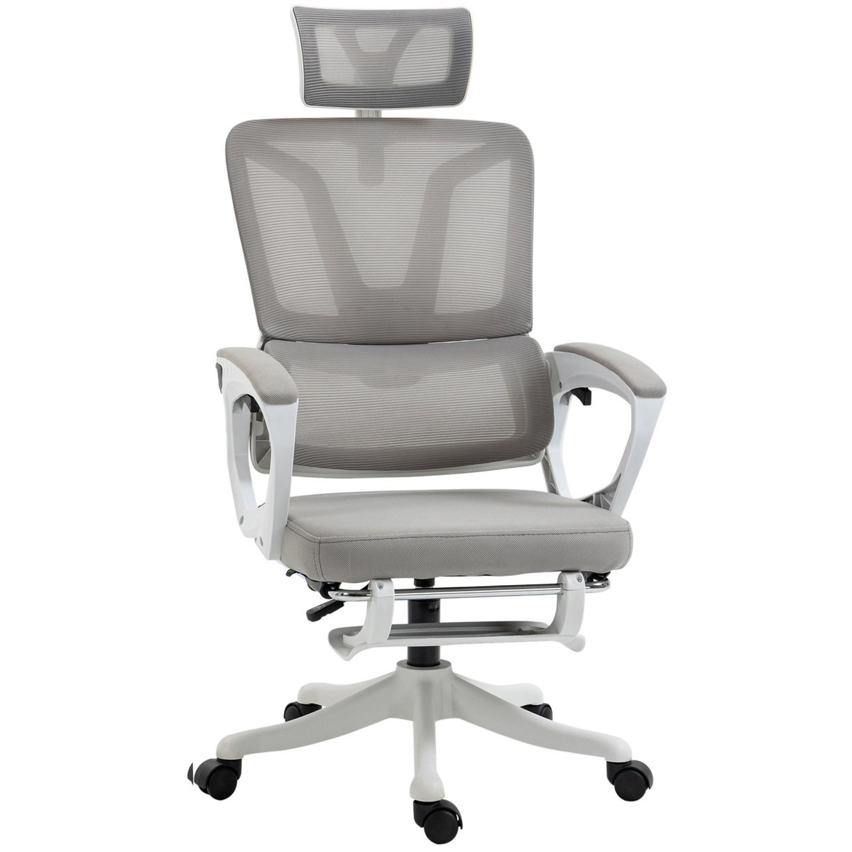 VINSETTO Fauteuil de bureau ergonomique inclinable réglable - repose-pied rétractable, support lombaires, tétière ajustable - blanc gris