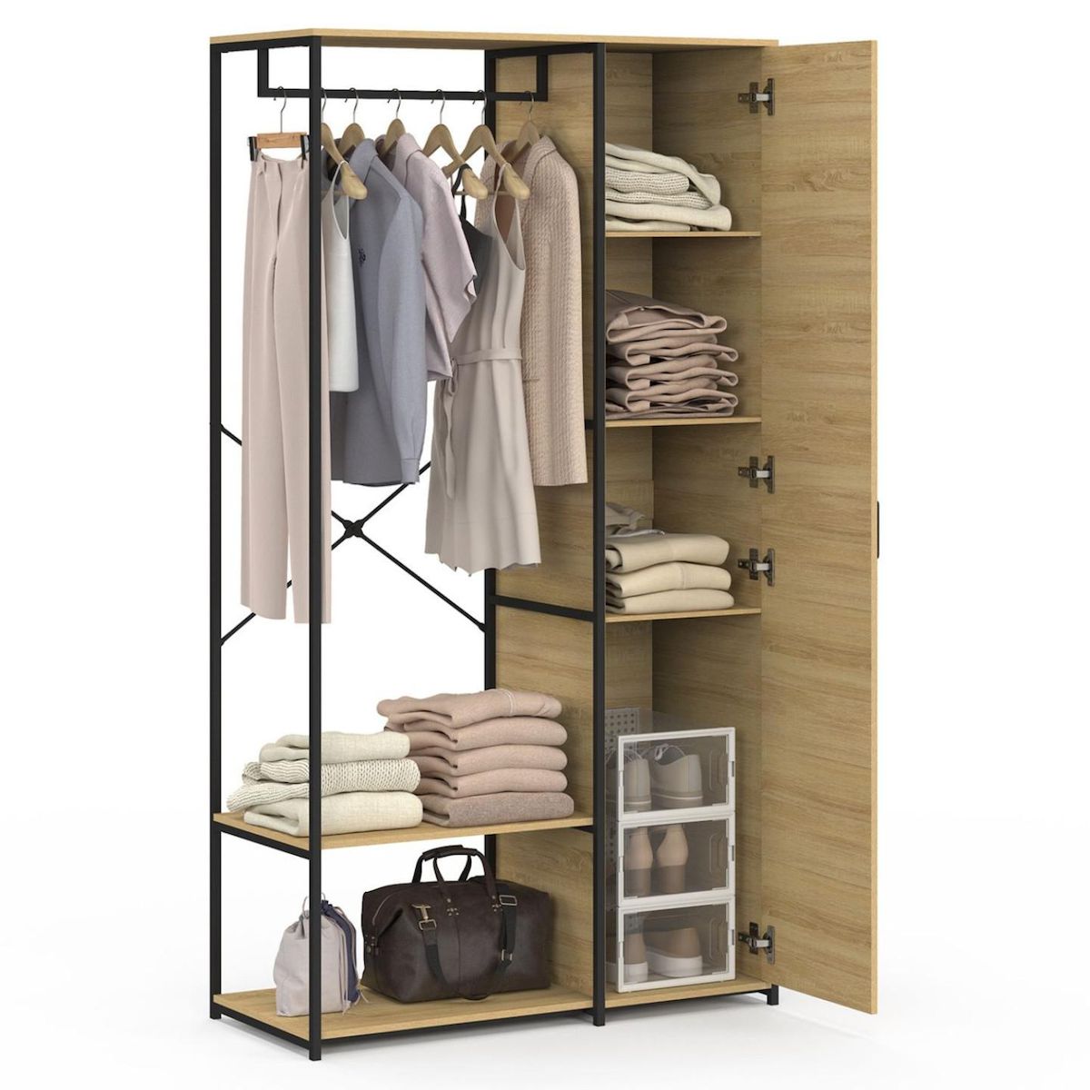 ID MARKET Dressing penderie étagères avec porte L. 90 cm DETROIT design industriel