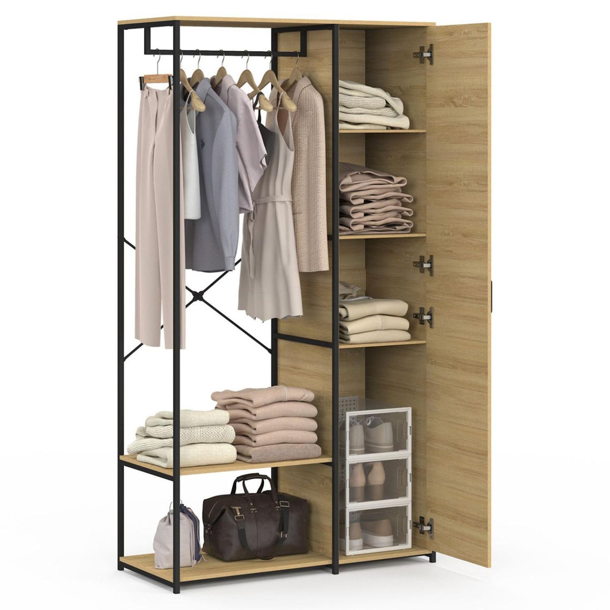 ID MARKET Dressing penderie étagères avec porte L. 90 cm DETROIT design industriel