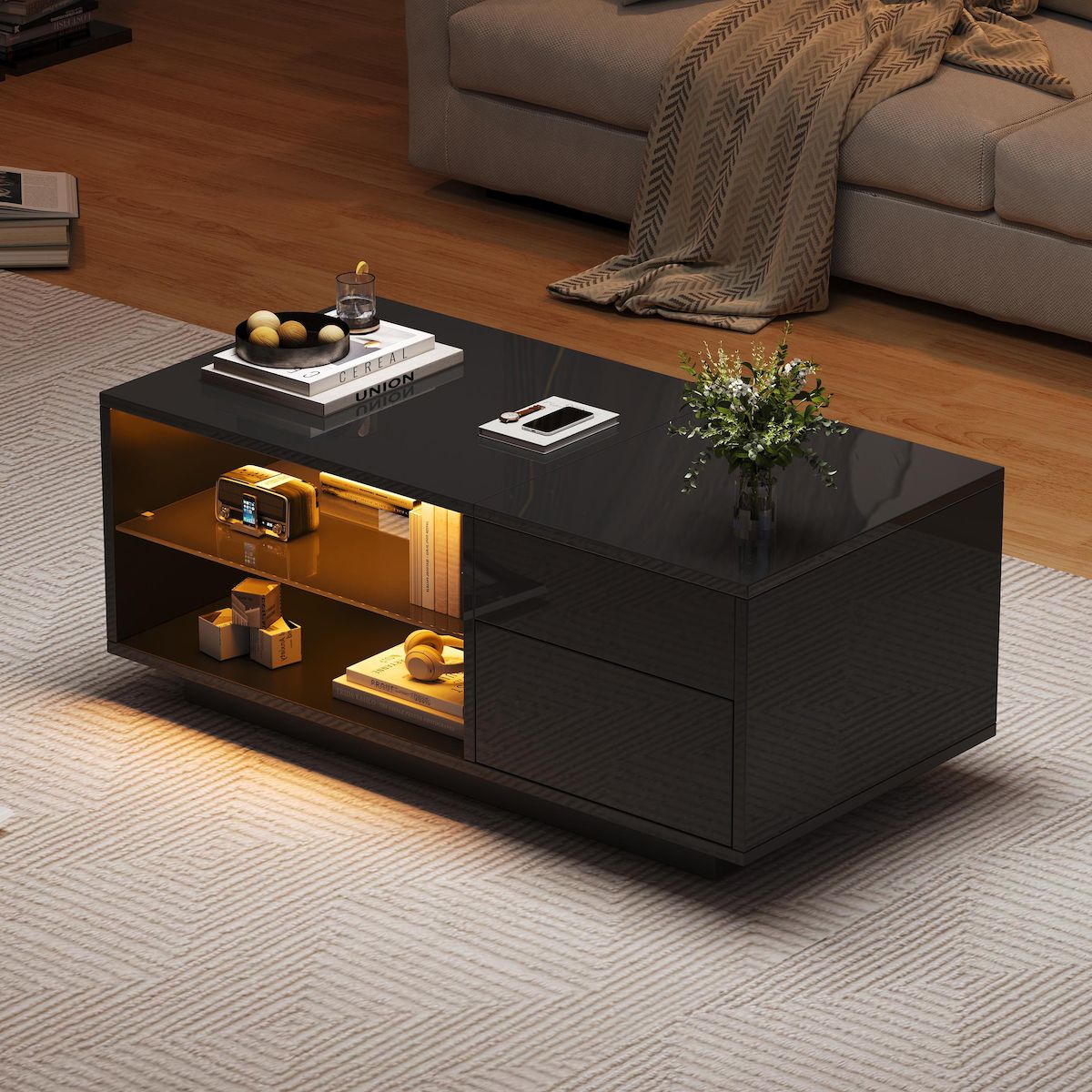 MERAX Table basse relevable rectangulaire noir - 49x100 cm led panneau de particules