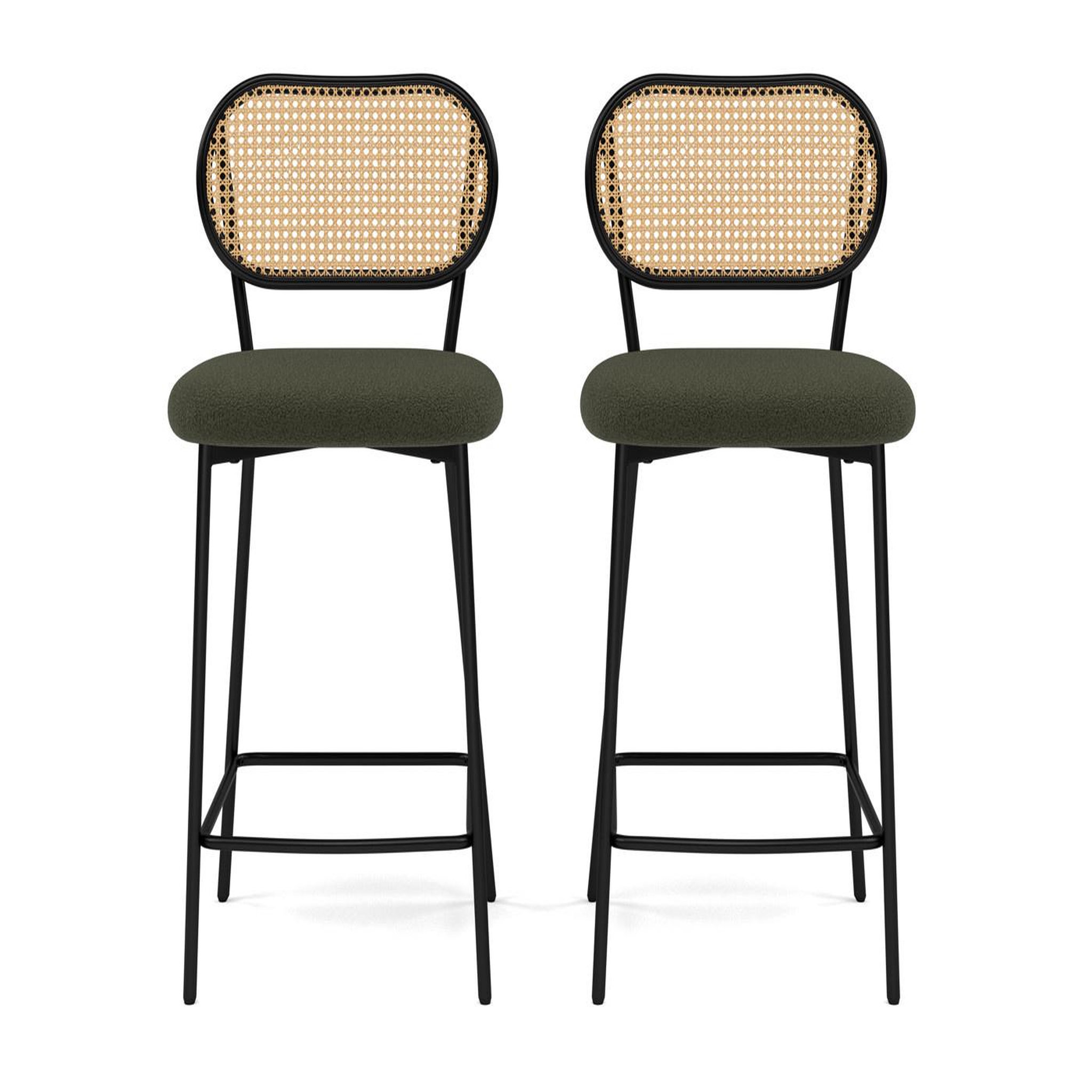Voir la diapositive 1 : BEST MOBILIER Luciano - lot de 2 tabourets cannage - dossier arrondi - en tissu bouclette