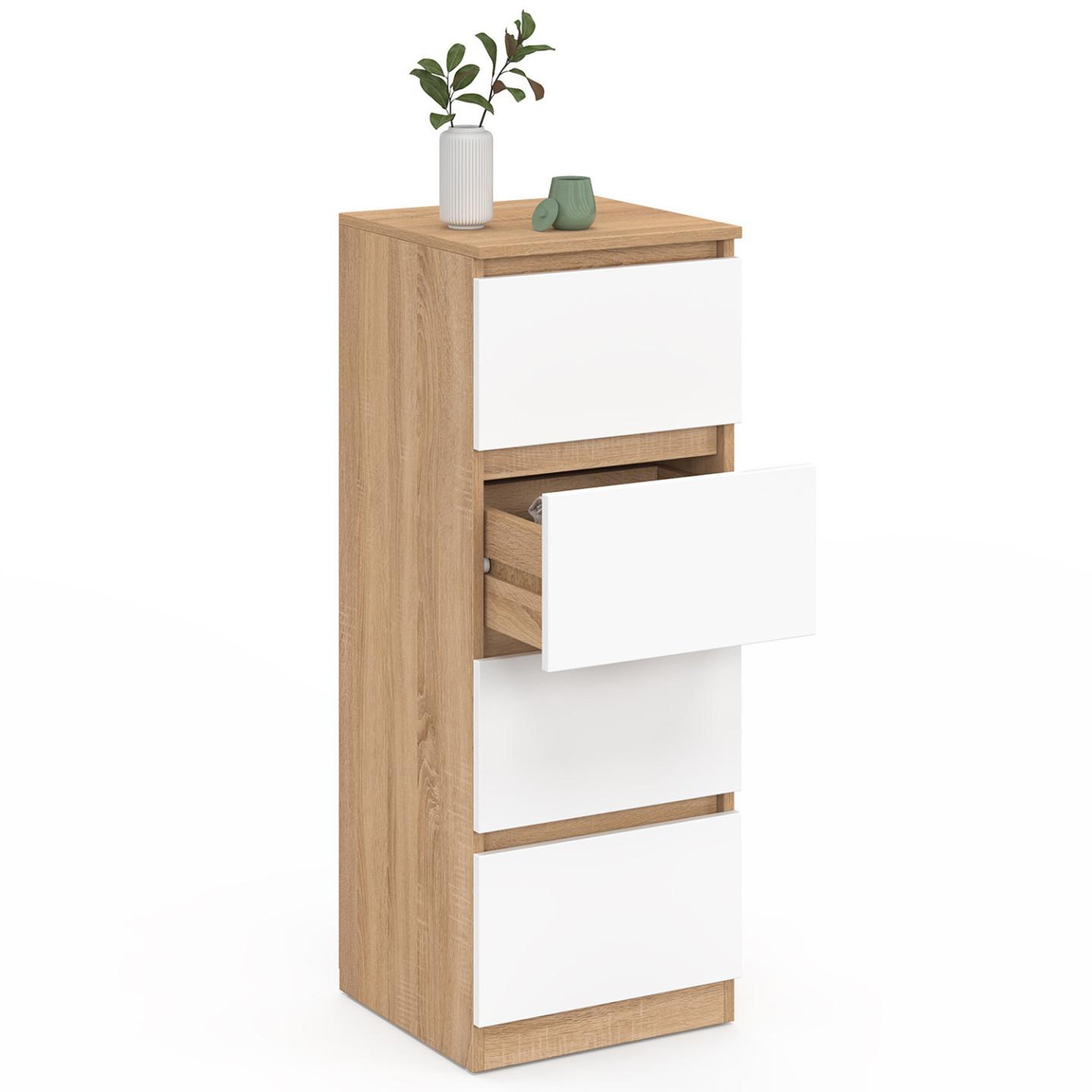 Voir la diapositive 4 : ID MARKET Meuble d'appoint 4 tiroirs tomi 30x30x80 cm chiffonnier pour entrée salle de bain bois façon hêtre et blanc