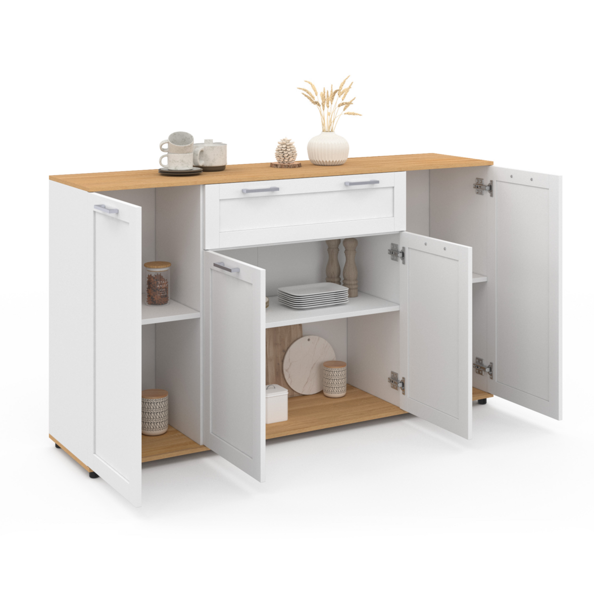 ID MARKET Buffet 140 cm VITO 4 portes et 1 tiroir blanc et bois