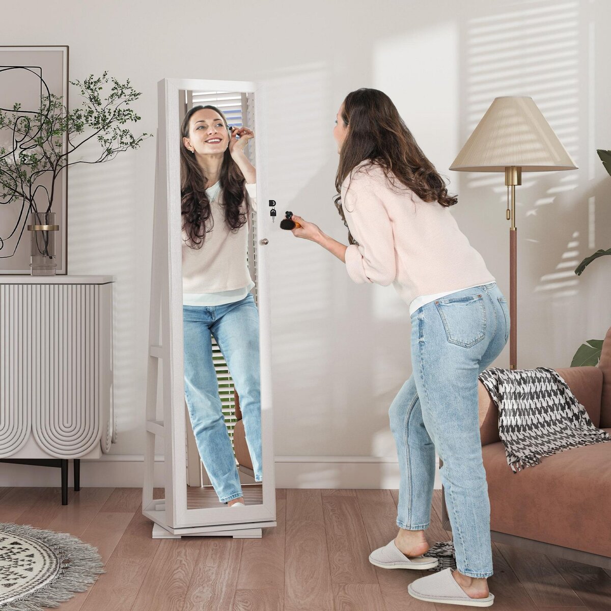 HOMCOM Armoire à bijoux pivotante verrouillable avec miroir - armoire bijoux multi-rangement - MDF gris clair