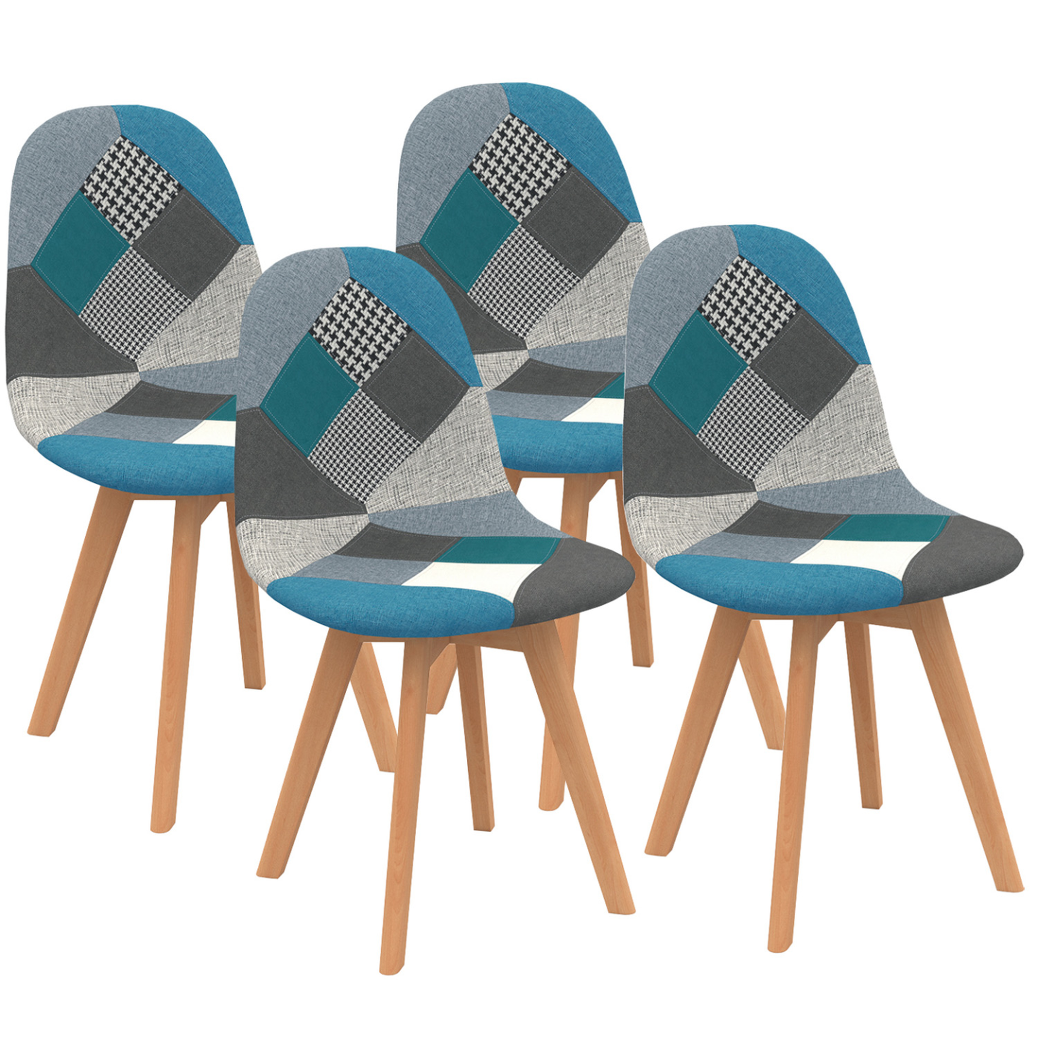 ID MARKET Lot de 4 chaises scandinaves sara motifs patchworks bleus