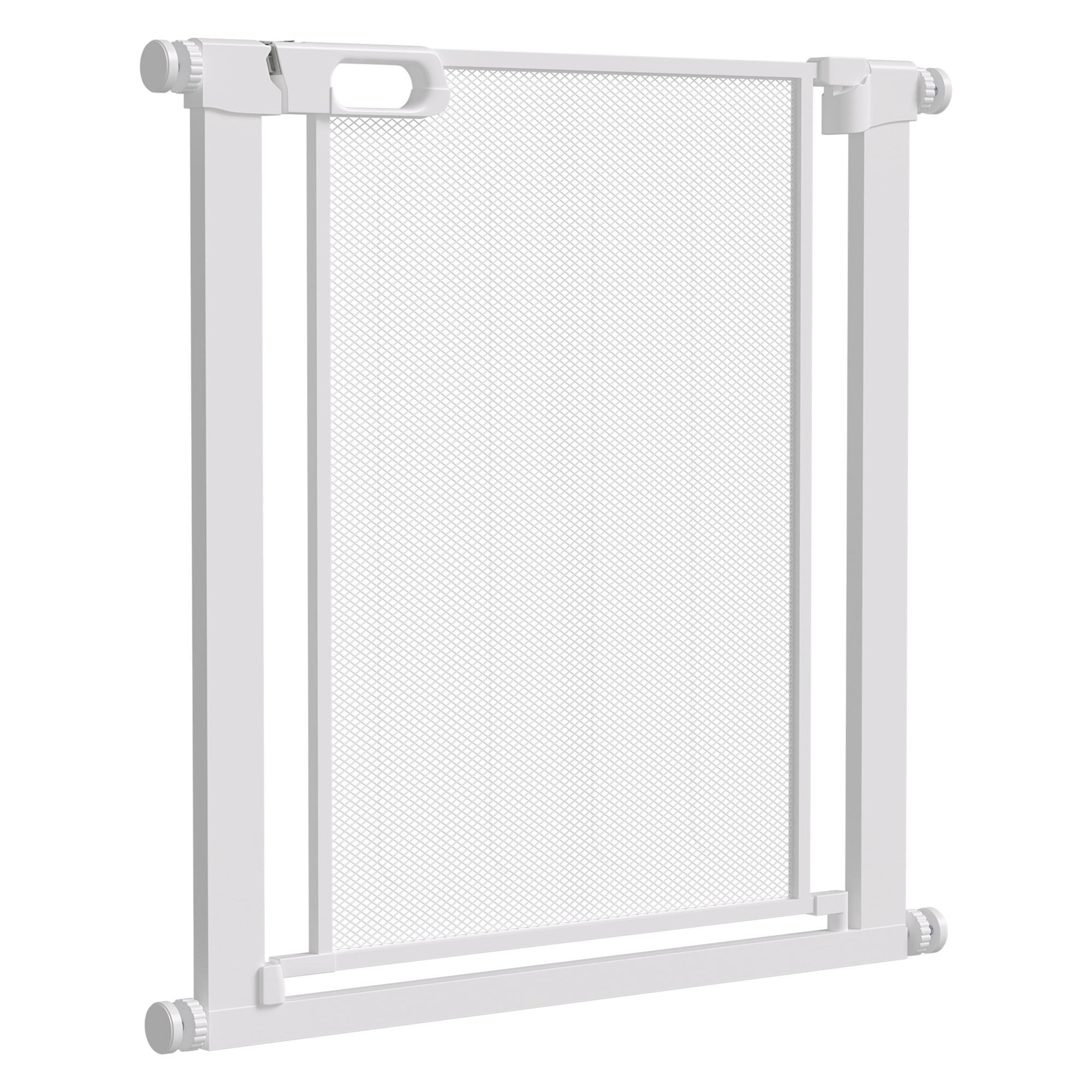 Voir la diapositive 1 : PAWHUT Barrière de sécurité animaux - longueur réglable dim. 75-82 cm - porte double verrouillage, ouverture double sens -sans perçage - acier abs blanc