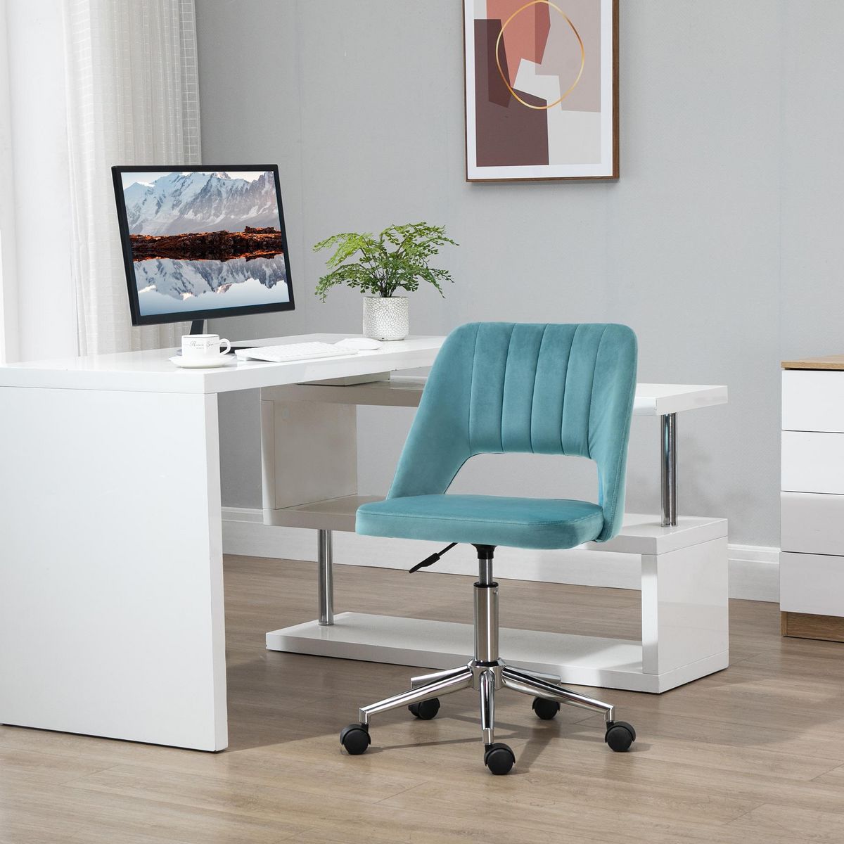 VINSETTO Chaise de bureau design contemporain dossier ergonomique ajouré strié hauteur réglable pivotante 360° piètement chromé velours bleu canard