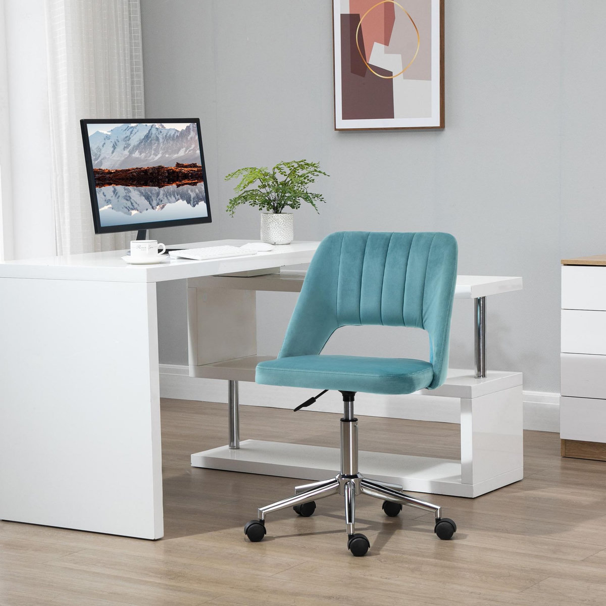 VINSETTO Chaise de bureau design contemporain dossier ergonomique ajouré strié hauteur réglable pivotante 360° piètement chromé velours bleu canard