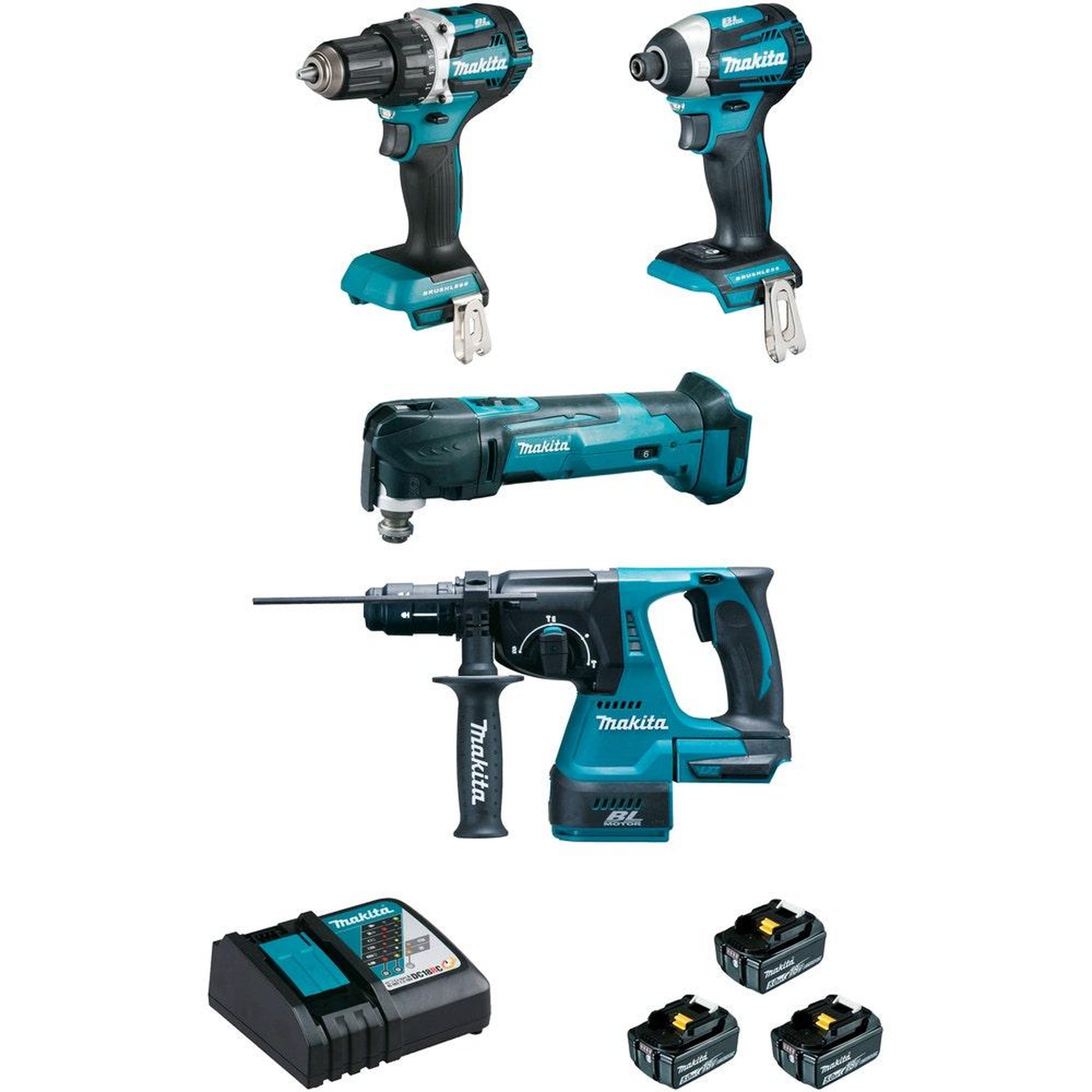 MAKITA Kit 4 outils 18v : perceuse-visseuse 13mm + perfo-burineur 24mm + visseuse à chocs 175nm + découpeur-ponceur multifonctions + 3 batteries 5ah + chargeur