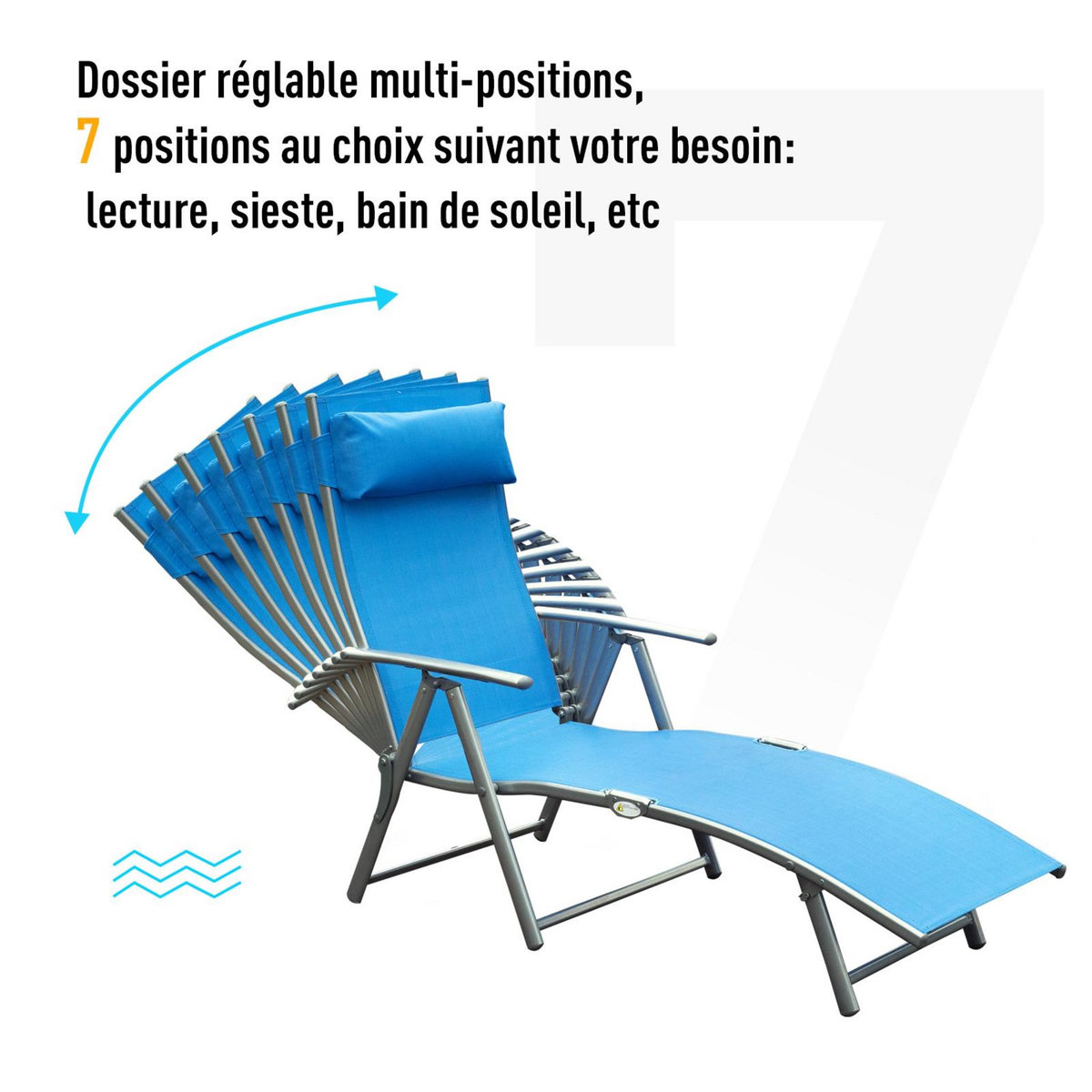 OUTSUNNY Outsunny transat chaise longue bain de soleil pliable dossier inclinable multi-positions têtière fournie 137L x 64l x 101H cm métal époxy textilène bleu